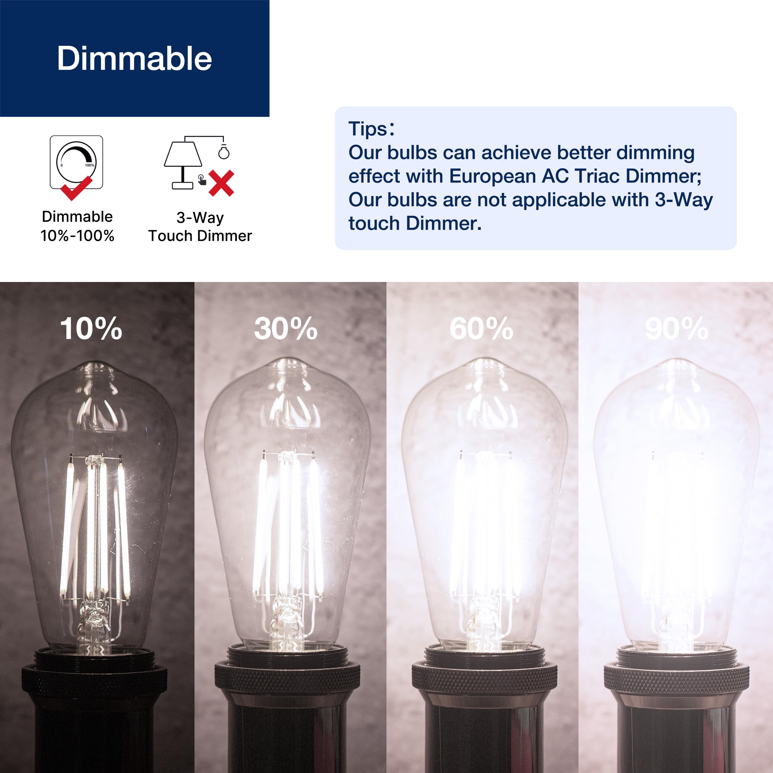 FLSNT 7W LED Edison Bulbs, 60W Equivalent, 800LM, Dimmable, E26 Base, 4000K Cool White, 6 Pack