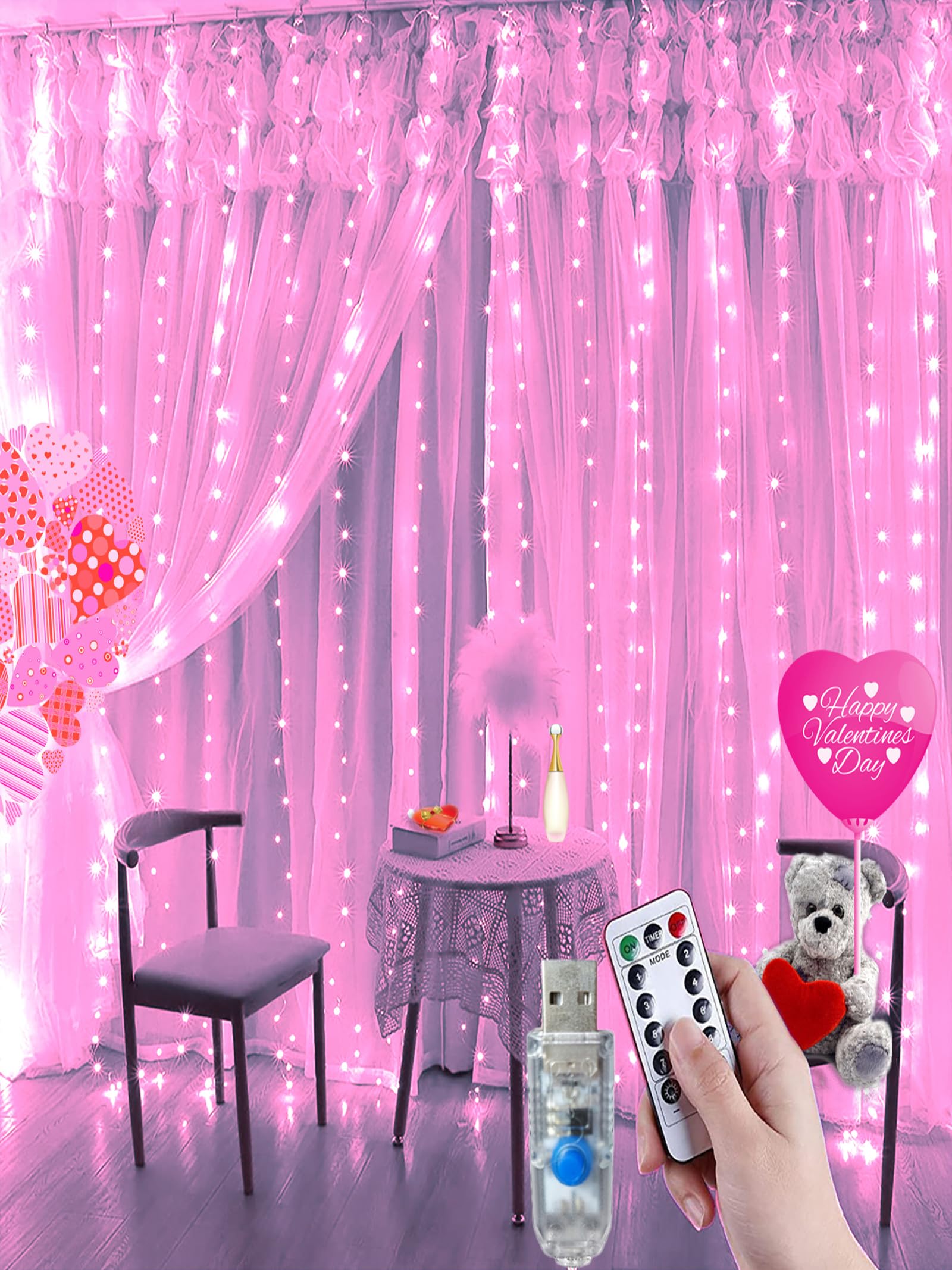 ORSMGOLF Fairy Curtain String Lights, Room Decor &Ideal Gift for Teens Girl, 8 Modes Wall Lights & Valentine's Day Indoor Decorations (Pink)