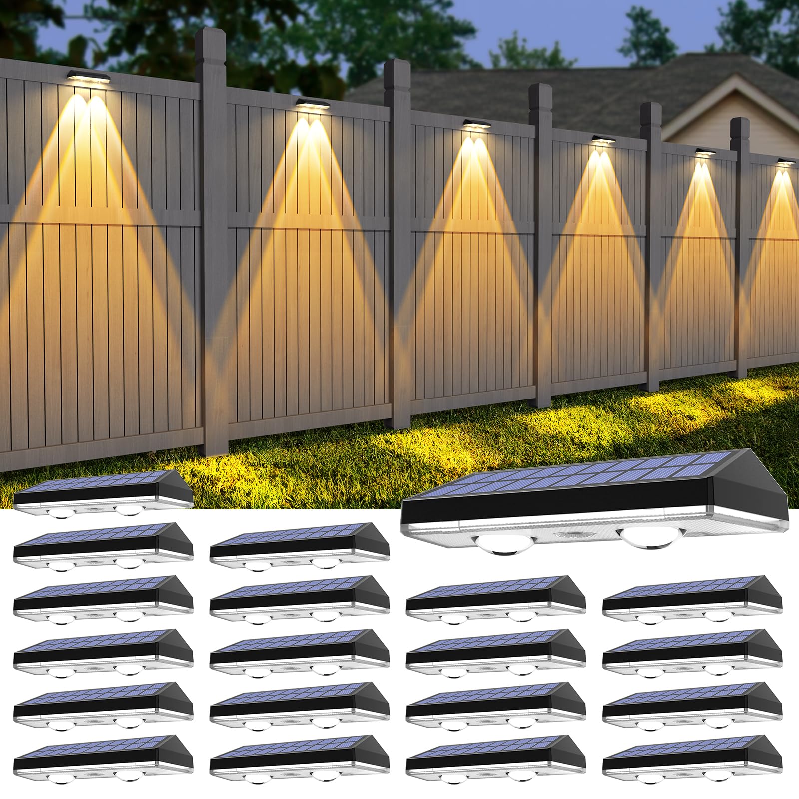 Solar Fence Lights ,Warm White & Cold White & Mixed Color 3 Modes Lens LED Dusk to Dawn Deck Light, Fence Solar Lights Outdoor W