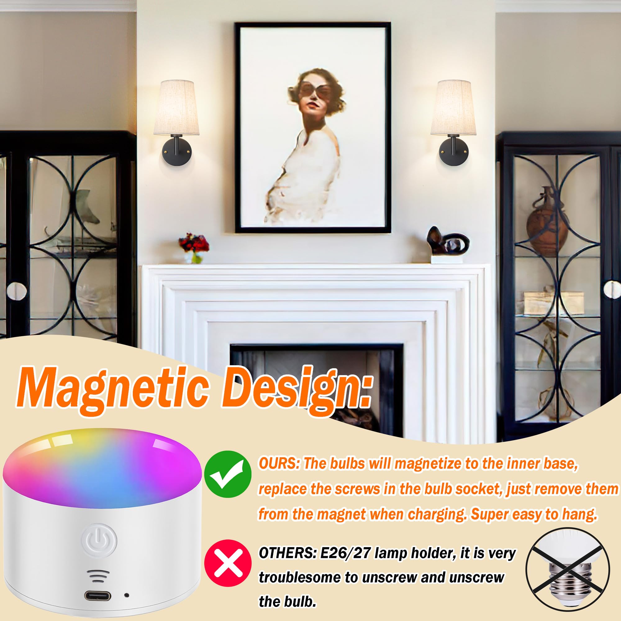 YHCDLAMP Battery Operated Wall Sconce with Remote Control, Dimmable, Metal, Black, Set of Two for Bedroom Living Room