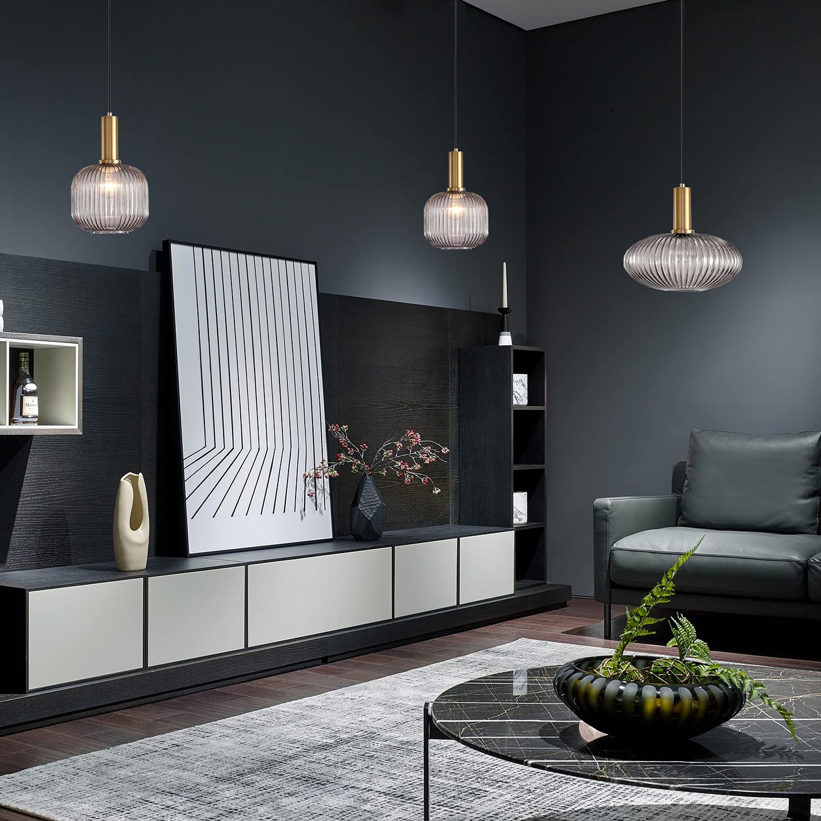 I-xun Modern Pendant Light Fixture, Striped Glass, Gold Socket, 7.87in  Size, Gray, Model I-xun SG-M
