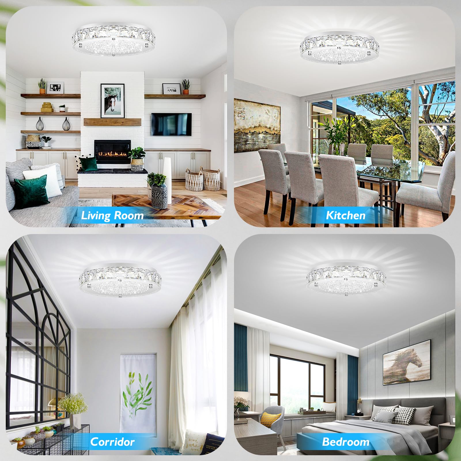 Crystal Flush Mount Ceiling Light  Led Chandeliers Light Fixture 19-Inch  5000K Daylight White Super Bright 5000Lm Dimmable Farmhouse Kitchen Lighting Modern Ceiling Lamp For Bedroom Bathroom Nursery