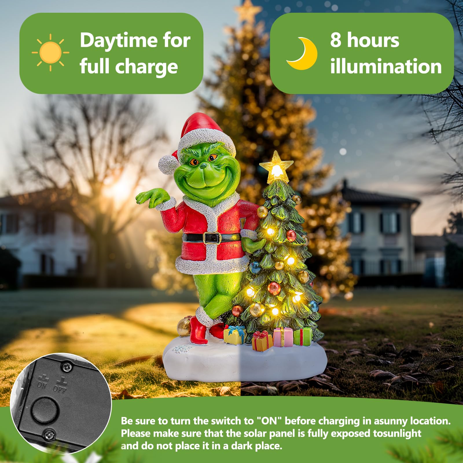 Ydkojgw Solar Garden Outdoor Statues Green Monster With Christmas Tree And 6 Led Lights-Christmas Lawn Deco Statue For Patio, Balcony, Yard Ornament - Unique Christmas Housewarming Gifts