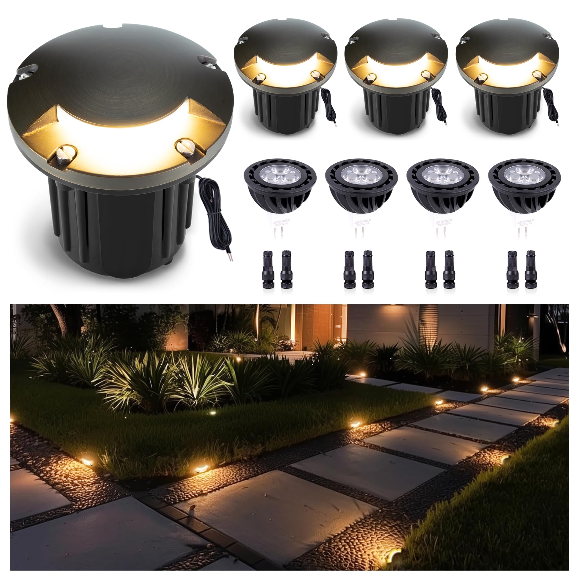 Gardenreet Outdoor Low Voltage Well Lights - Brass Low Voltage 12V Replaceable Bulb In-Ground Lighting, LED Turret Top Fixture, 