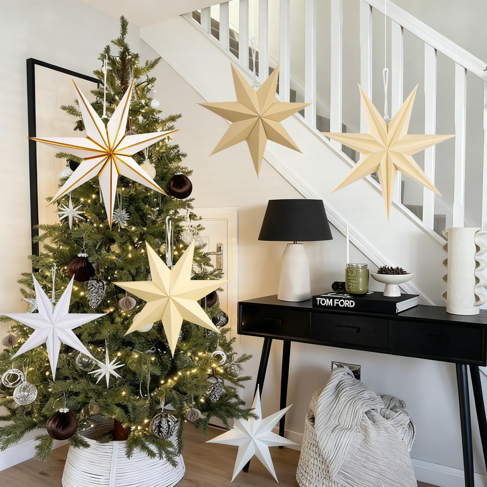 Paper Jazz 5 Pcs Paper Star Lanterns Party Decorations Paper Stars Christmas Hanging With Beige Brown Moravian Star Boho Vintage Christmas Ornaments For Xmas Tree Wall Ceiling Decoration.