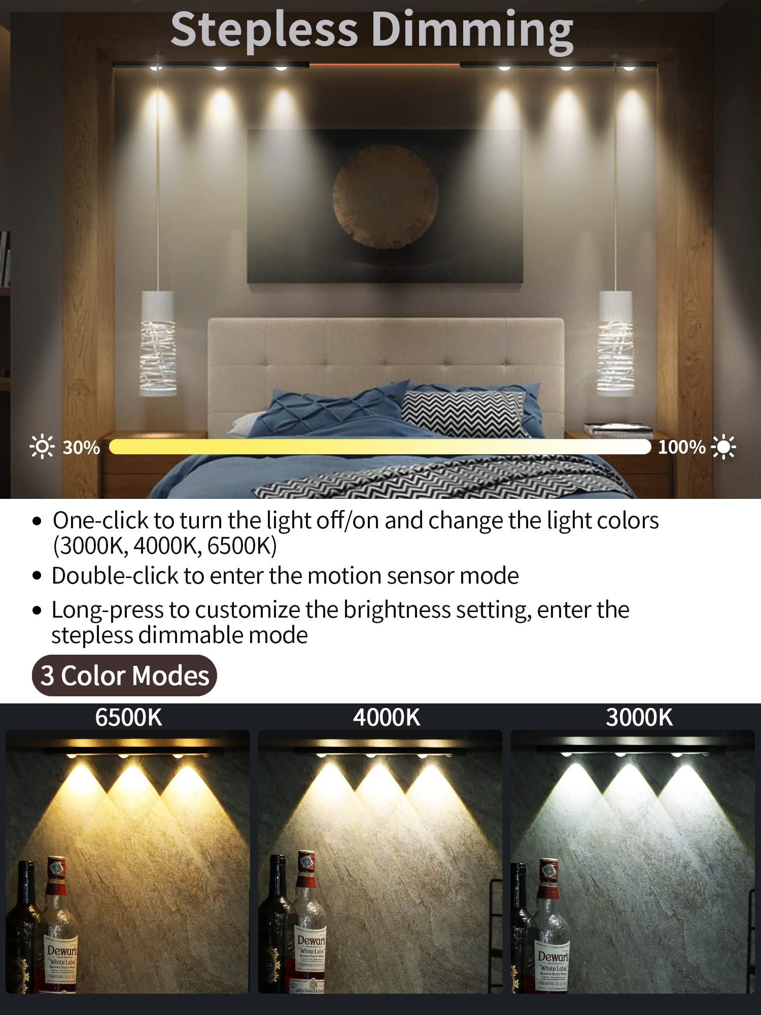 ?2022 Newest? 3 Colors Dimmable Motion Sensor Under Cabinet Lights Wireless,1500mAh Rechargeable Battery Operated Closet Light U