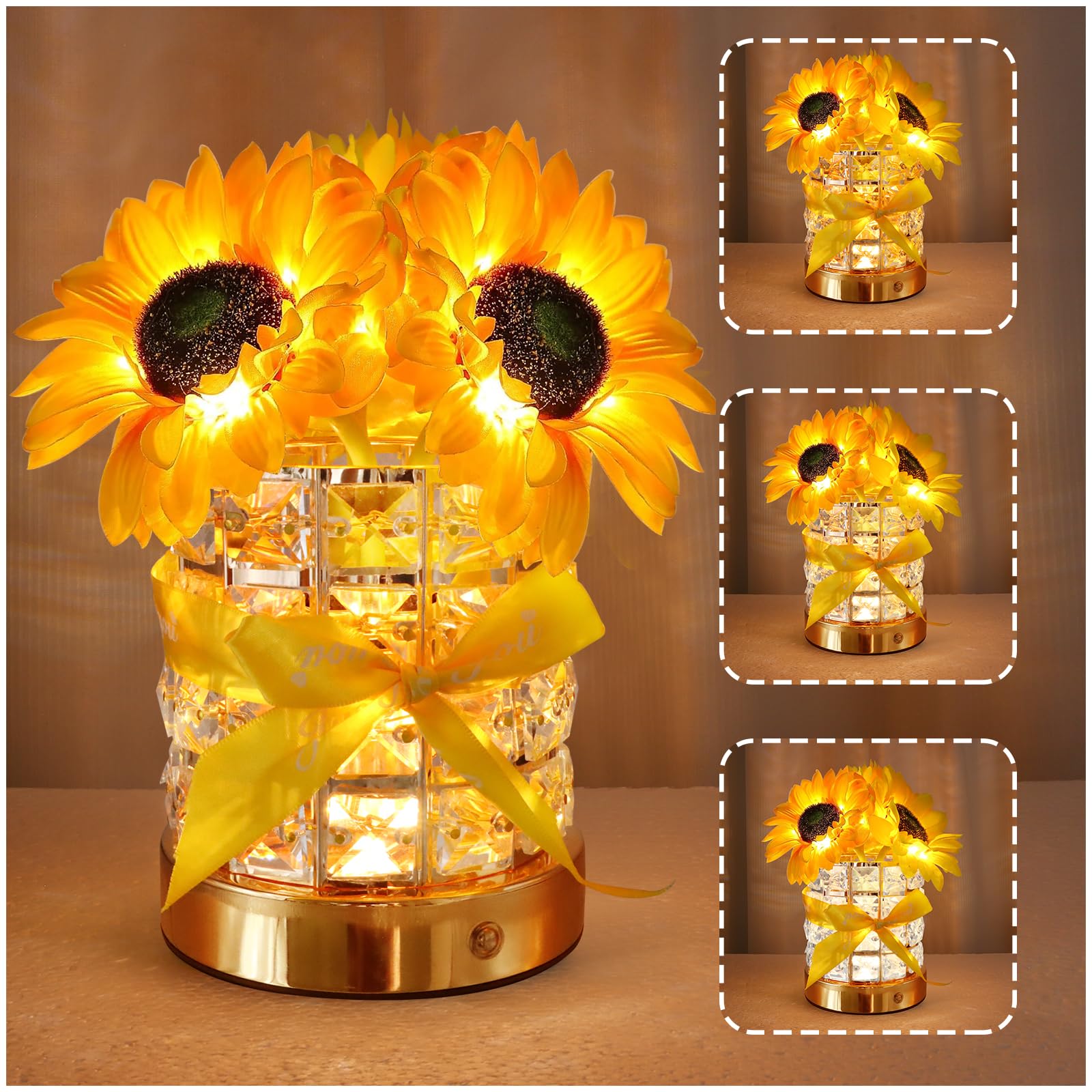 Valentine's Day Gifts Birthday Gift for Women/Mom Crystal Flower Lamps,3 Color Bedside Lamps Infinitely Dimming with USB Charge 