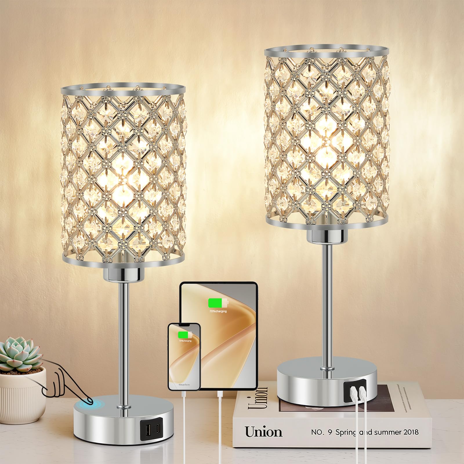 GyroVu Set of 2 Silver Crystal Touch Table Lamps for Bedroom  Dimmable Modern Bedside Lamps with USB-C & USB-A Ports  Nightstand Desk Lamps for Living Room & Home Office - Bulbs Included