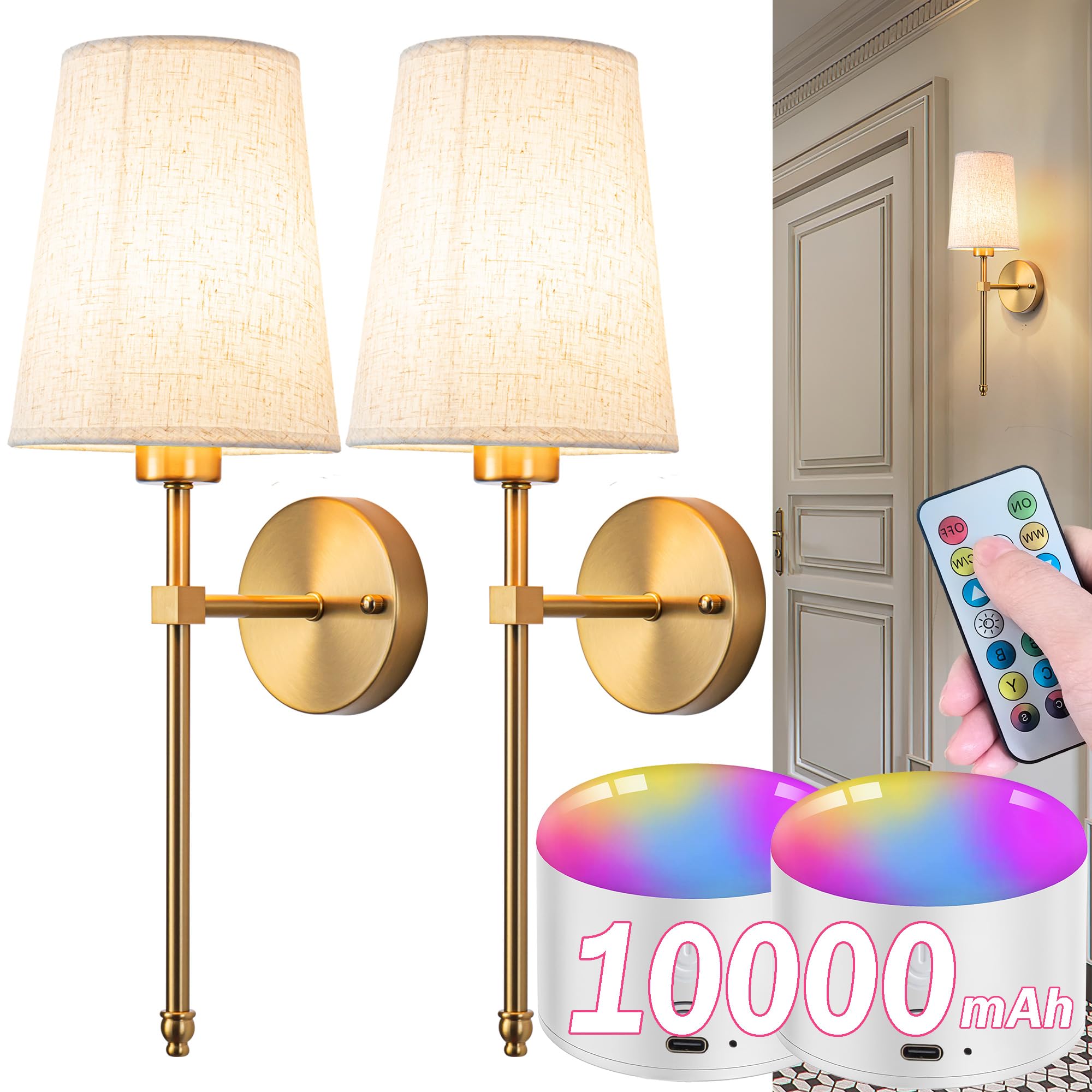 YHCDLAMP Battery Operated Wall Sconce Set of Two with Remote Control, Dimmable, Fabric Linen Shade, Bronze, Model YHCDLAMP