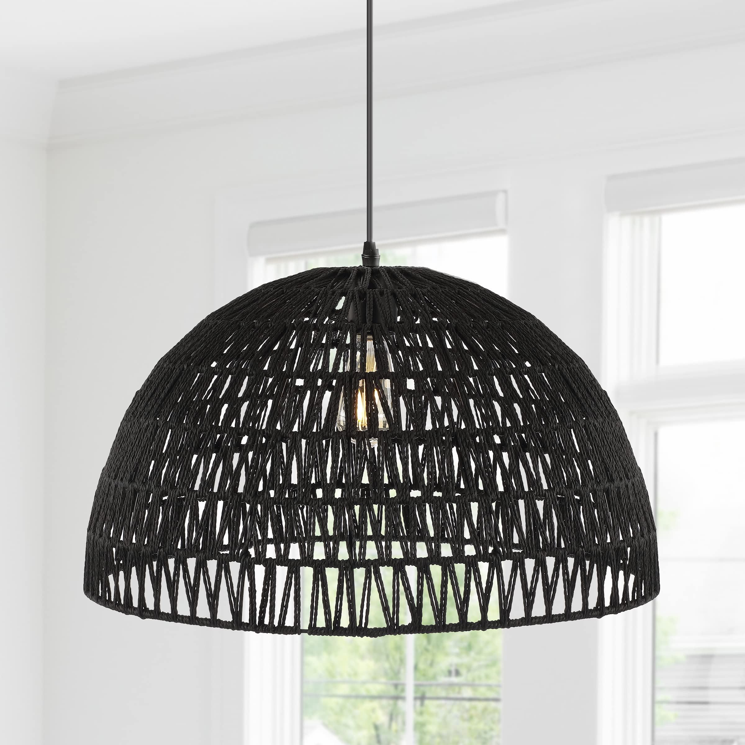 Jonathan Y Campana 20 1-Light Led Pendant, Black Woven Rattan/Iron For Dining Room, Kitchen, Living Room - Model Jyl6504C