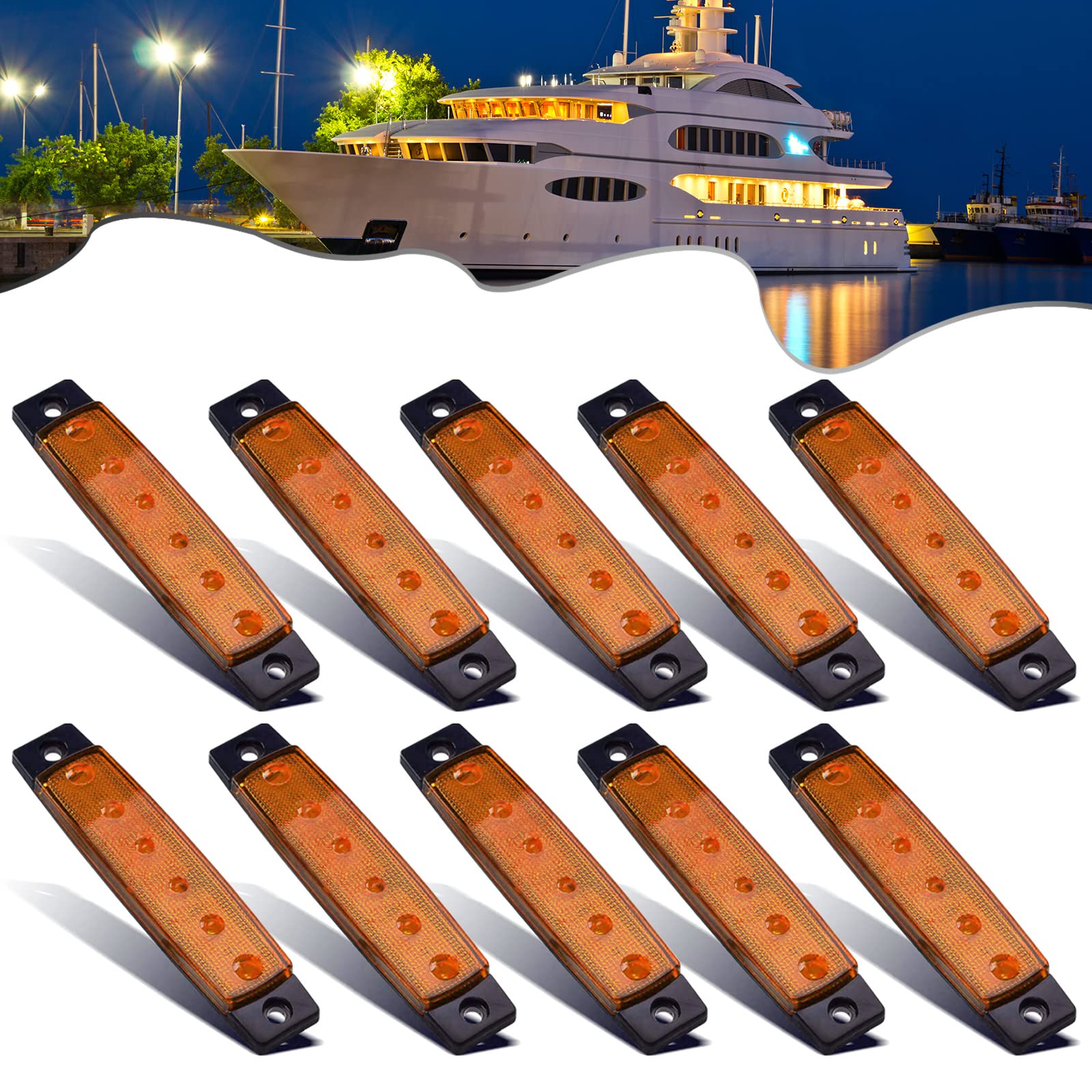 PSEQT LED Boat Interior Lights - Waterproof Marine Courtesy Light Strip, Amber, 10PCS, PC Lens, Ideal for Fishing, Pontoon, Yacht, Sailboat