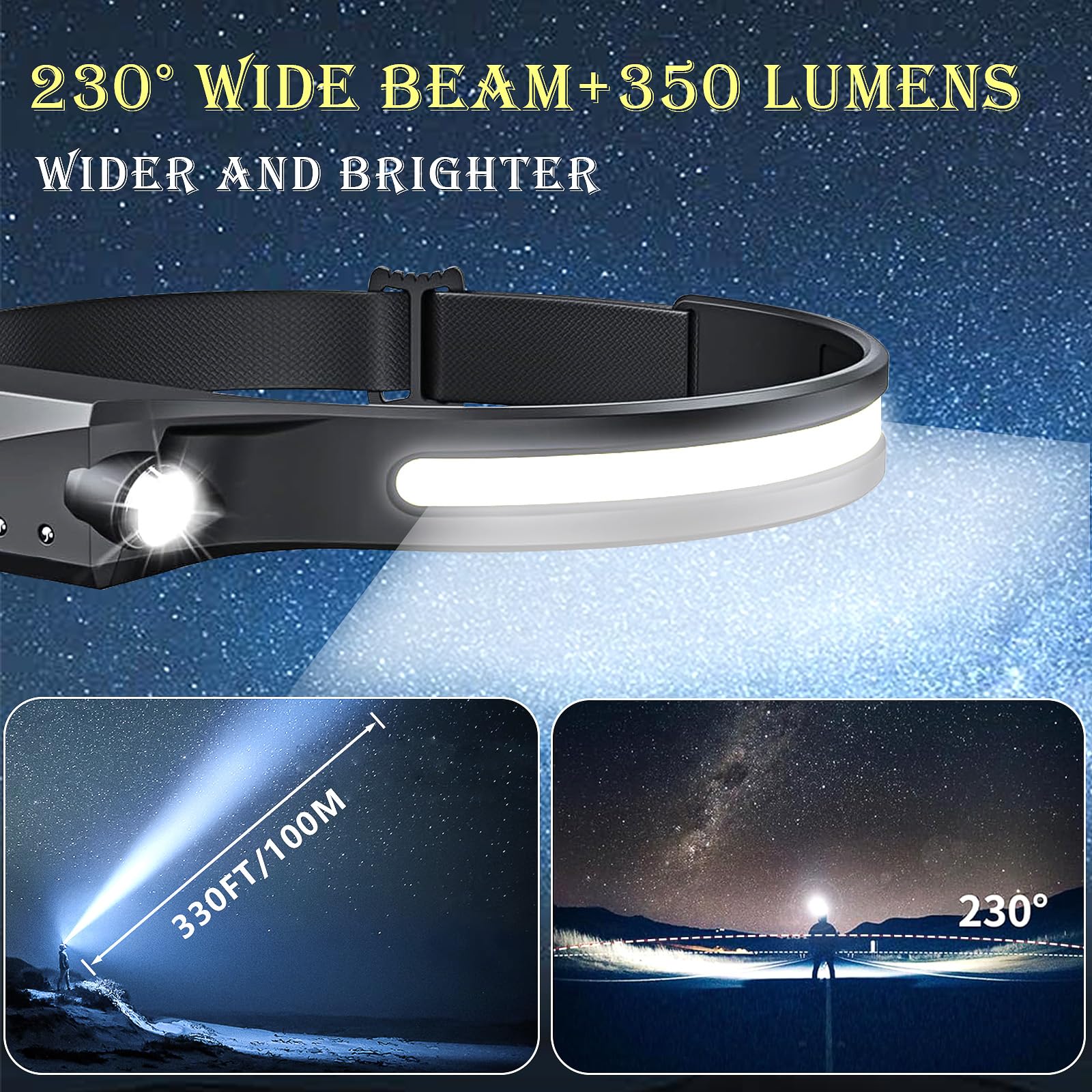 Lutitasd Led Headlamp Rechargeable 2 Pack, 230 Wide Beam Light Buddy Headlight With Motion Sensor, 5 Mode Head Lights Forehead F