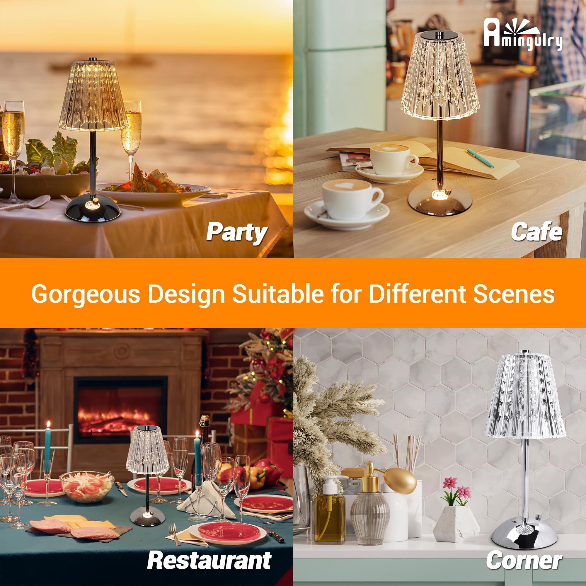 Amingulry Cordless Table Lamp, 4000mAh Rechargeable, 3 Color Modes, Stepless Dimmable, Small, Silver Chrome