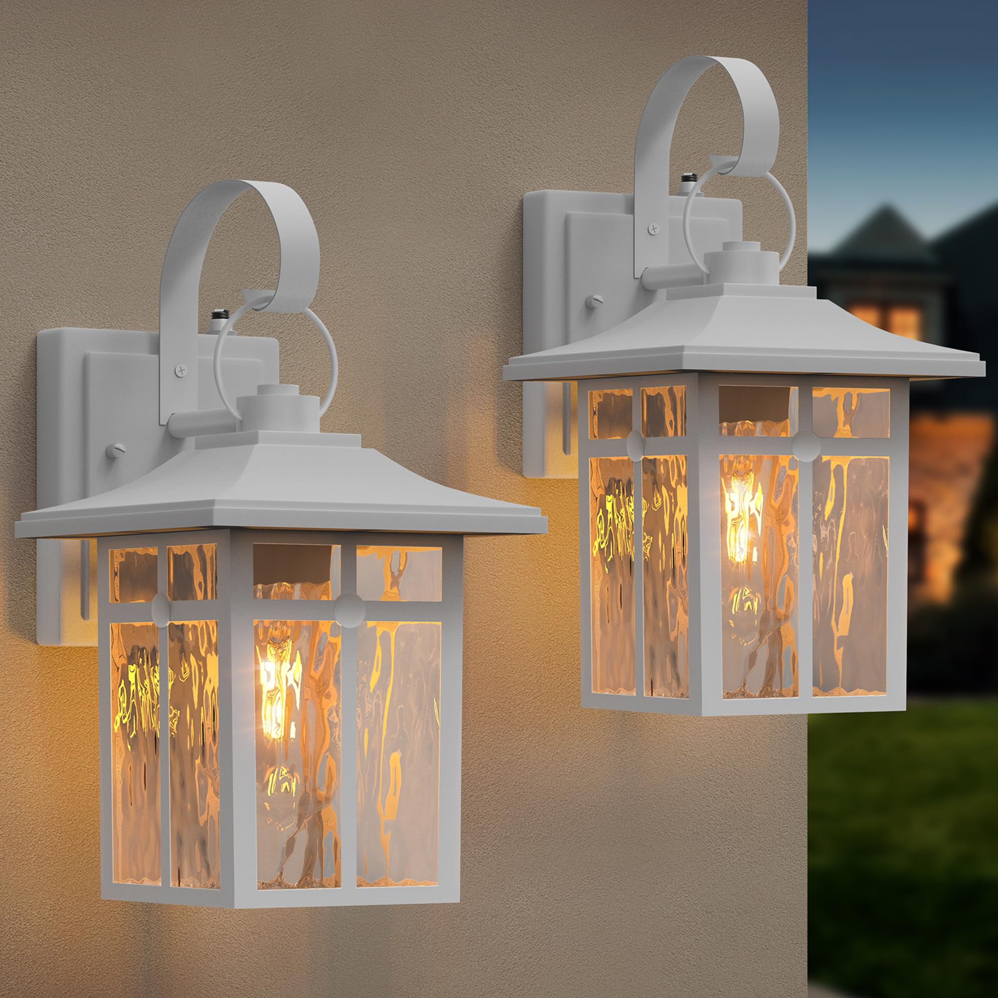 Lawyettle 2 Pack Outdoor Dusk to Dawn Wall Lights, Outdoor Light Fixtures Wall Mount with Ripple Glass, Modern White Porch Light