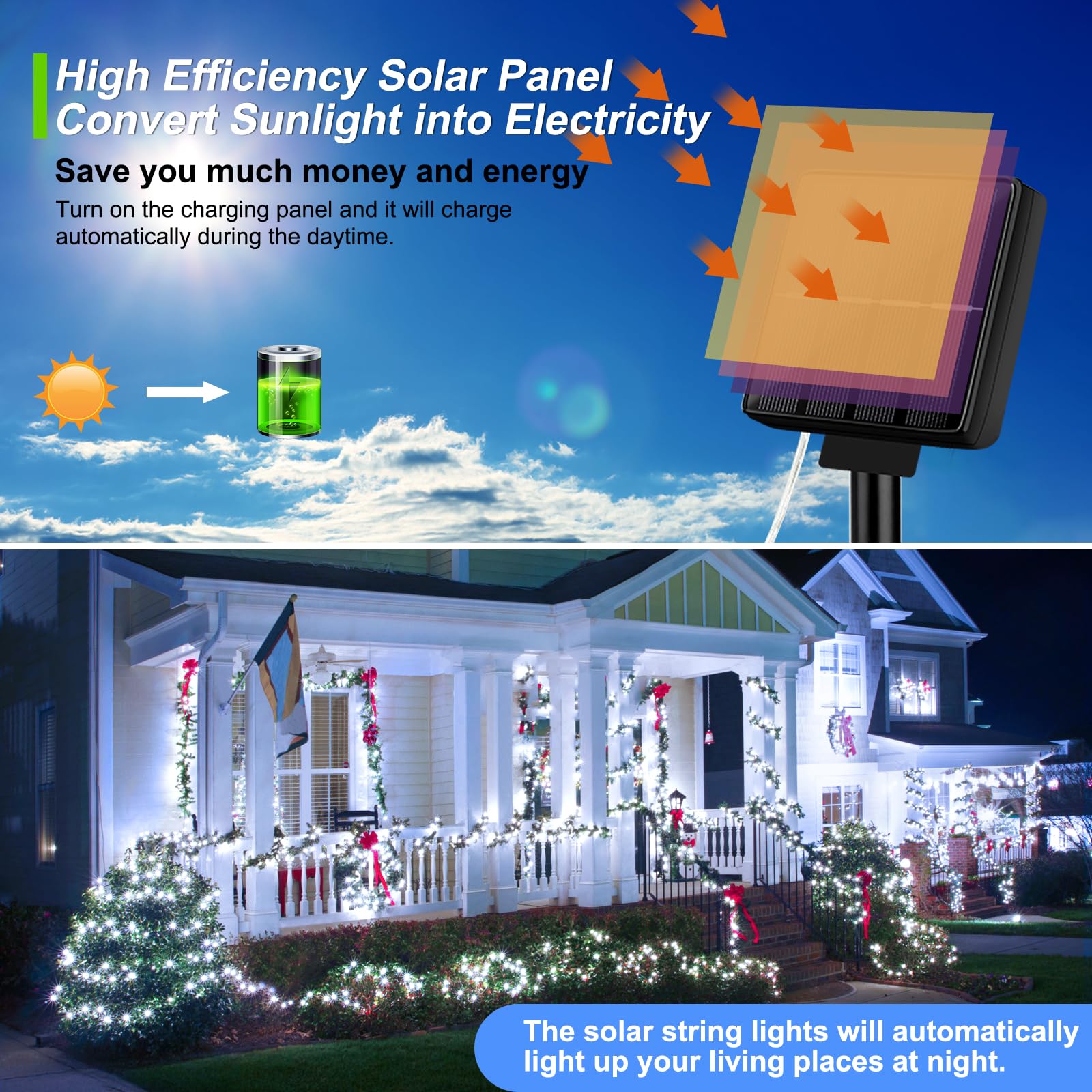 Brightever Outdoor String Lights, Solar Powered, 80FT, 200LED, Waterproof, 8 Lighting Modes, Daylight White, Model OKDMX-KN-SSL-01-C