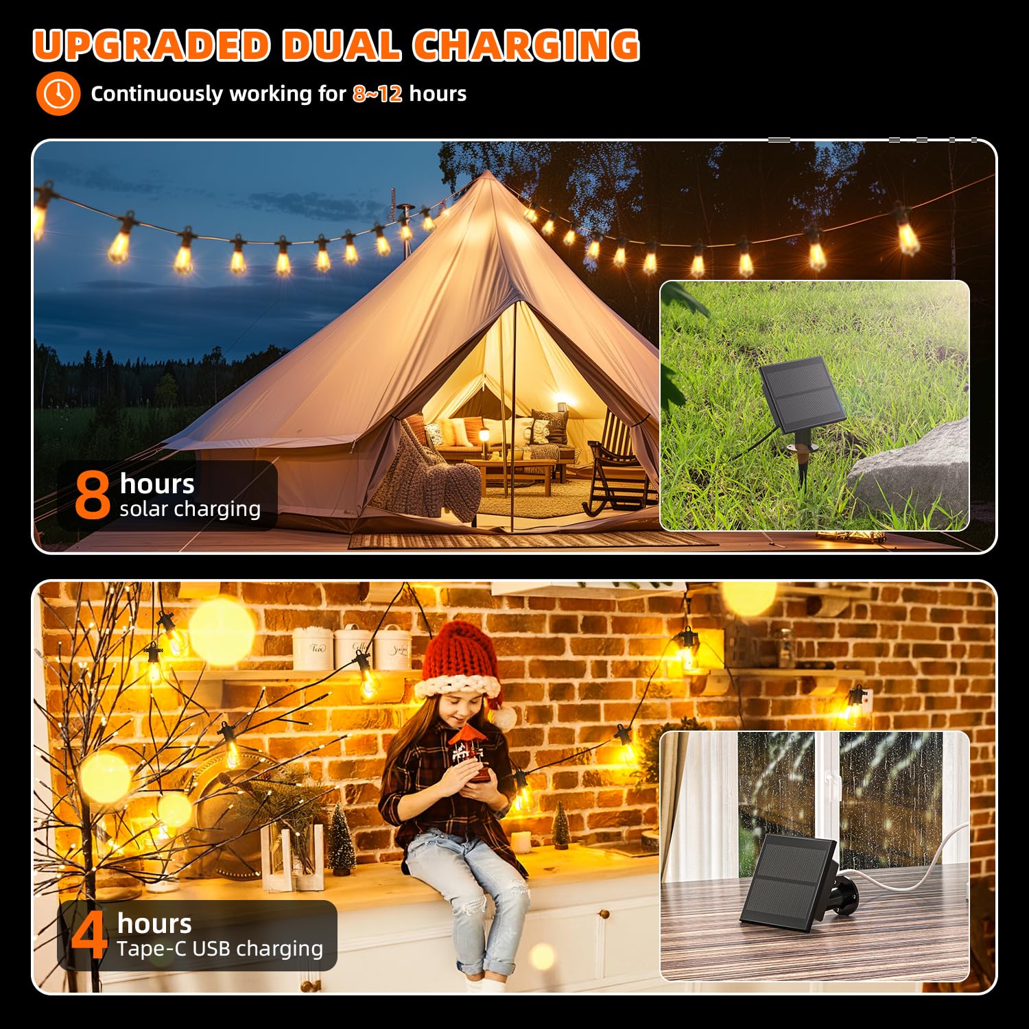 Kawaya Solar Powered String Lights, 50FT, 25+2 Edison Bulbs, USB-Charging, IP65 Waterproof, Black, Model YAST38-50FT