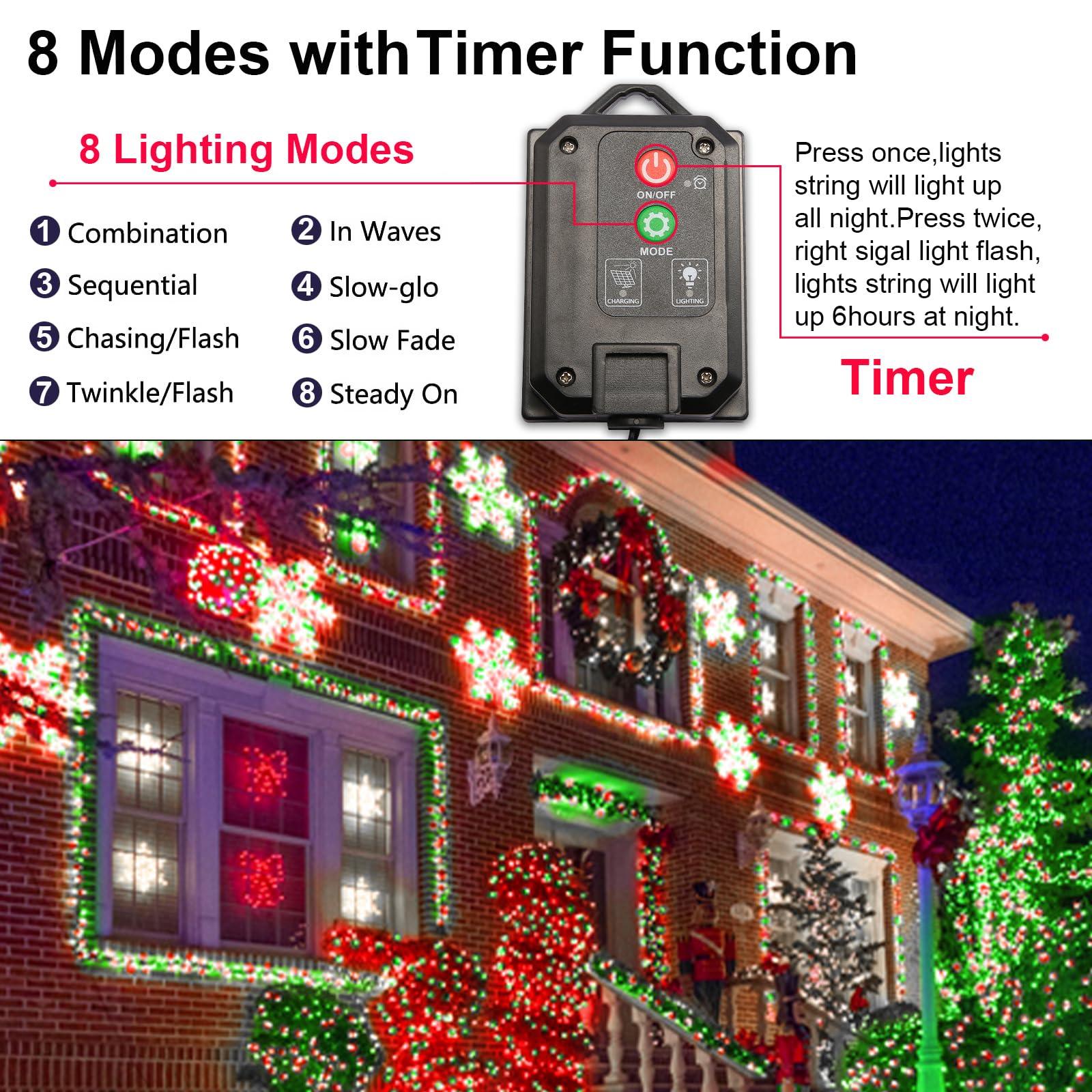 YAOZHOU Solar Lights Outdoor 400LED 144FT Waterproof String Lights, Red White Green, 8 Modes for Tree Garden Patio Fence