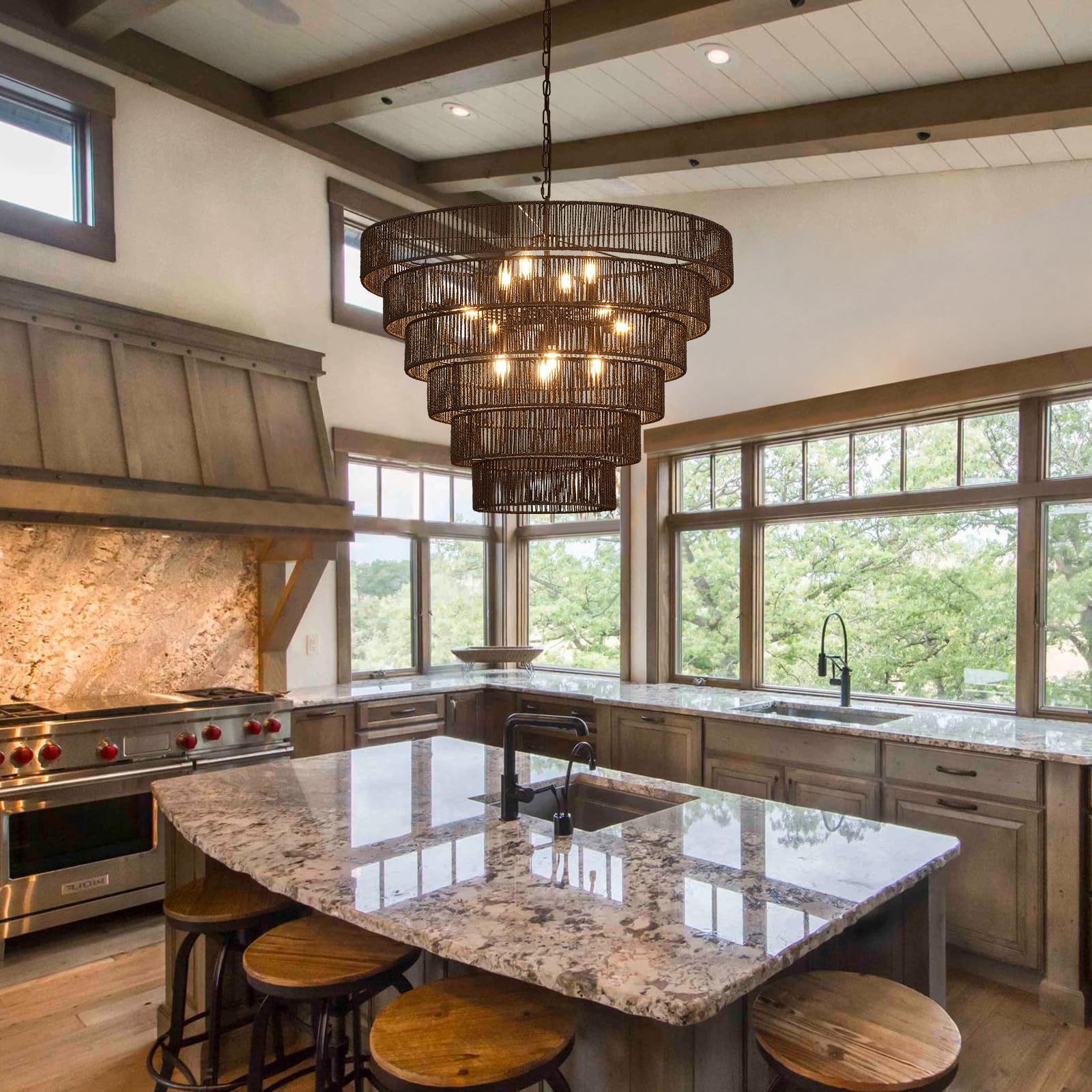 Yomecoo 31.49'' Large Black Rattan Vintage Farmhouse 12-Light Boho Hand-Woven Bamboo Black Chandeliers Light Fixture Retro Drum