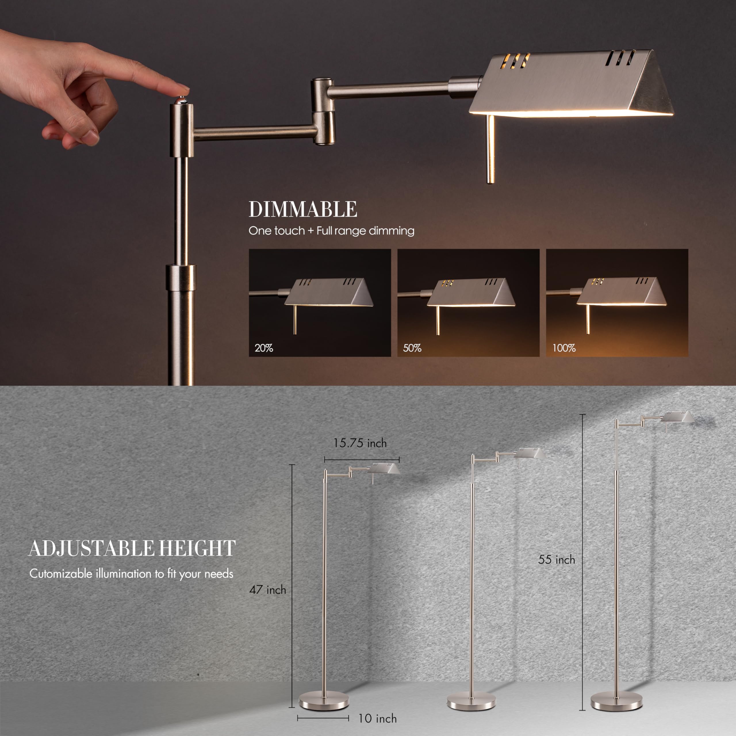 OBright Dimmable LED Floor Lamp, 12W, Adjustable Height, Brushed Nickel, Model OB-FL05D