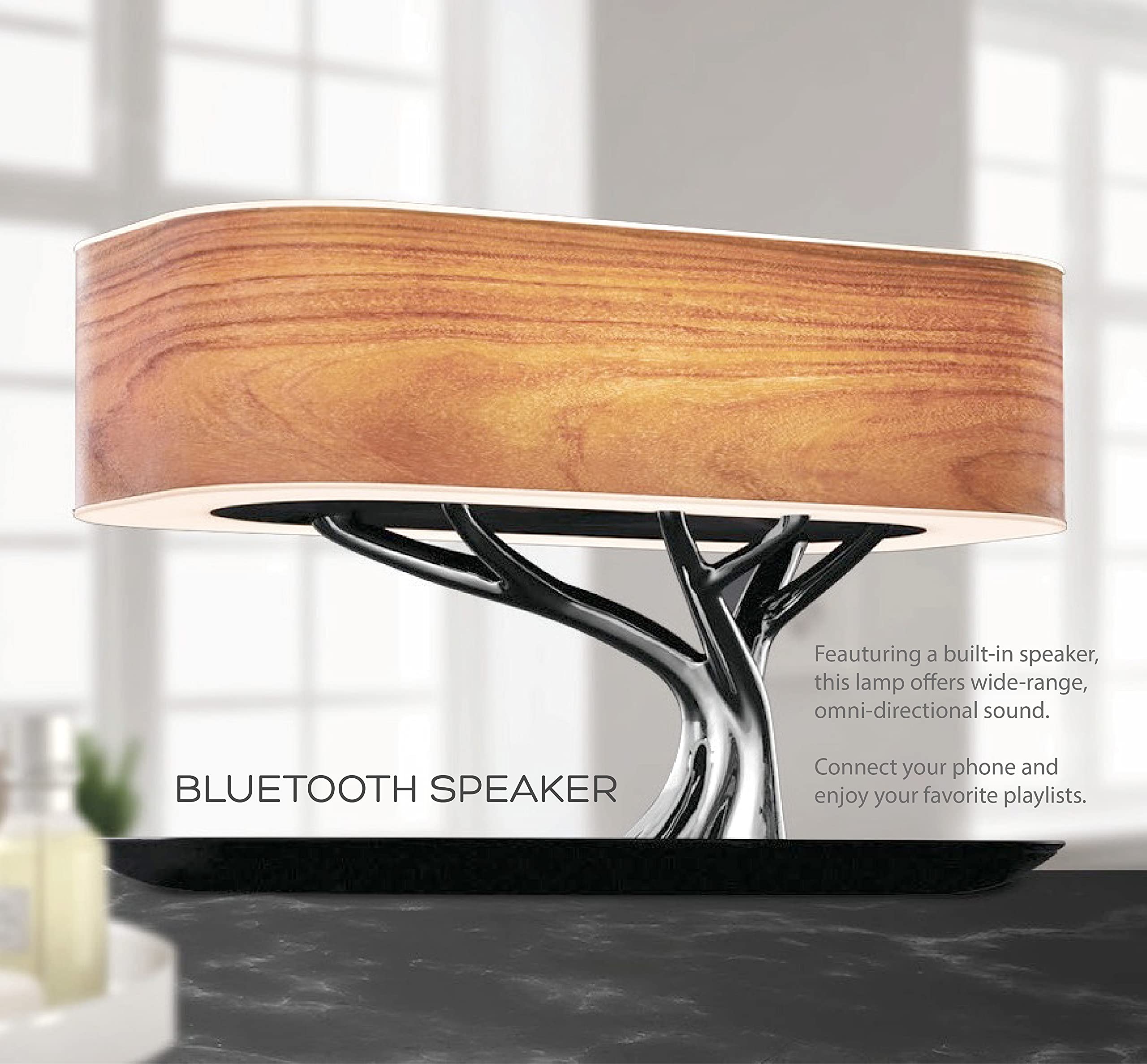 MODIRNATION Bonsai LED Bedside Lamp with Bluetooth Speaker & Qi Charger, Black, Model MN-TLTOL1019, Stepless Dimming, Sleep Mode