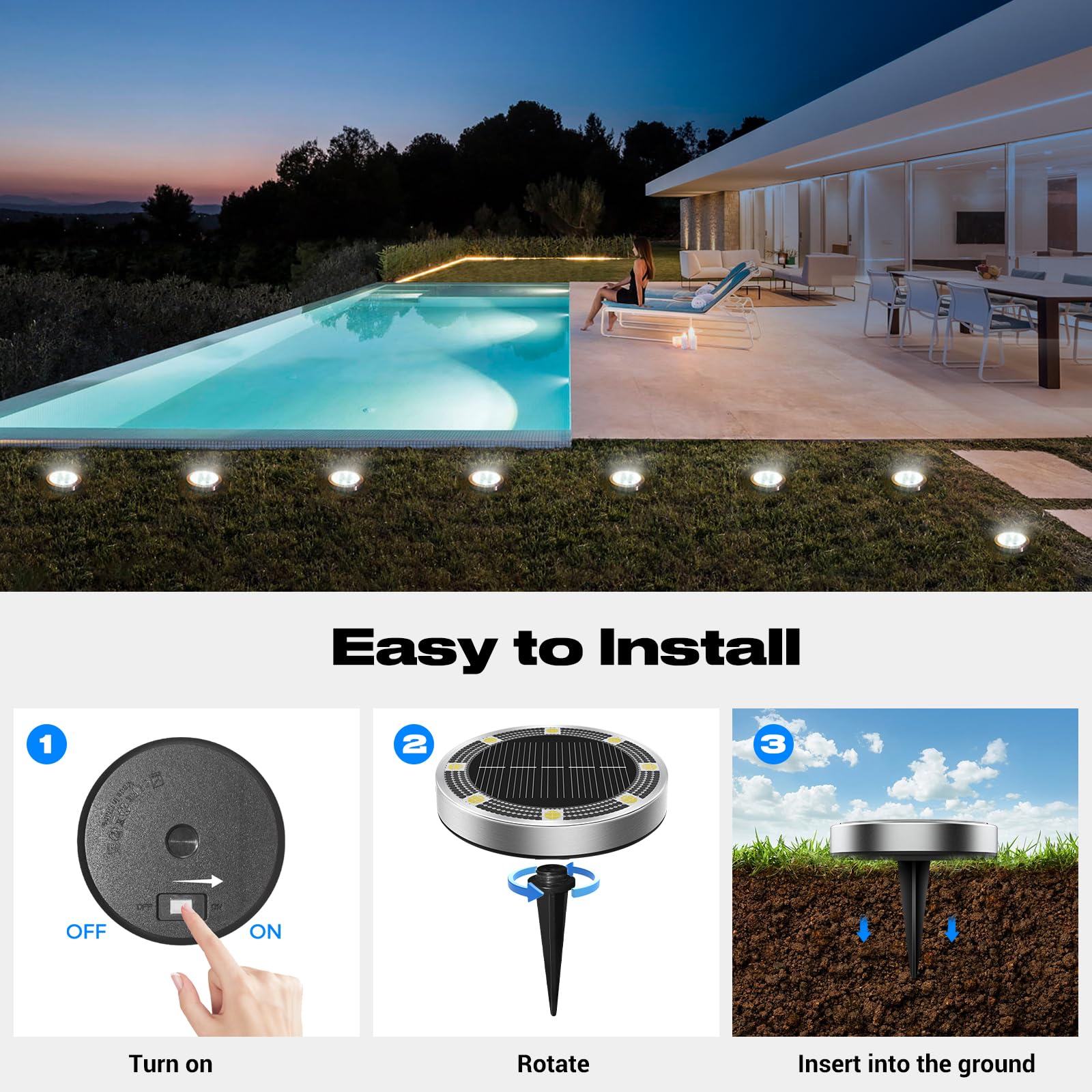 Peasur Solar Ground Lights, 8 Pack, IP68 Waterproof, Anti-Rust, Cool White, Model P8FSD-001