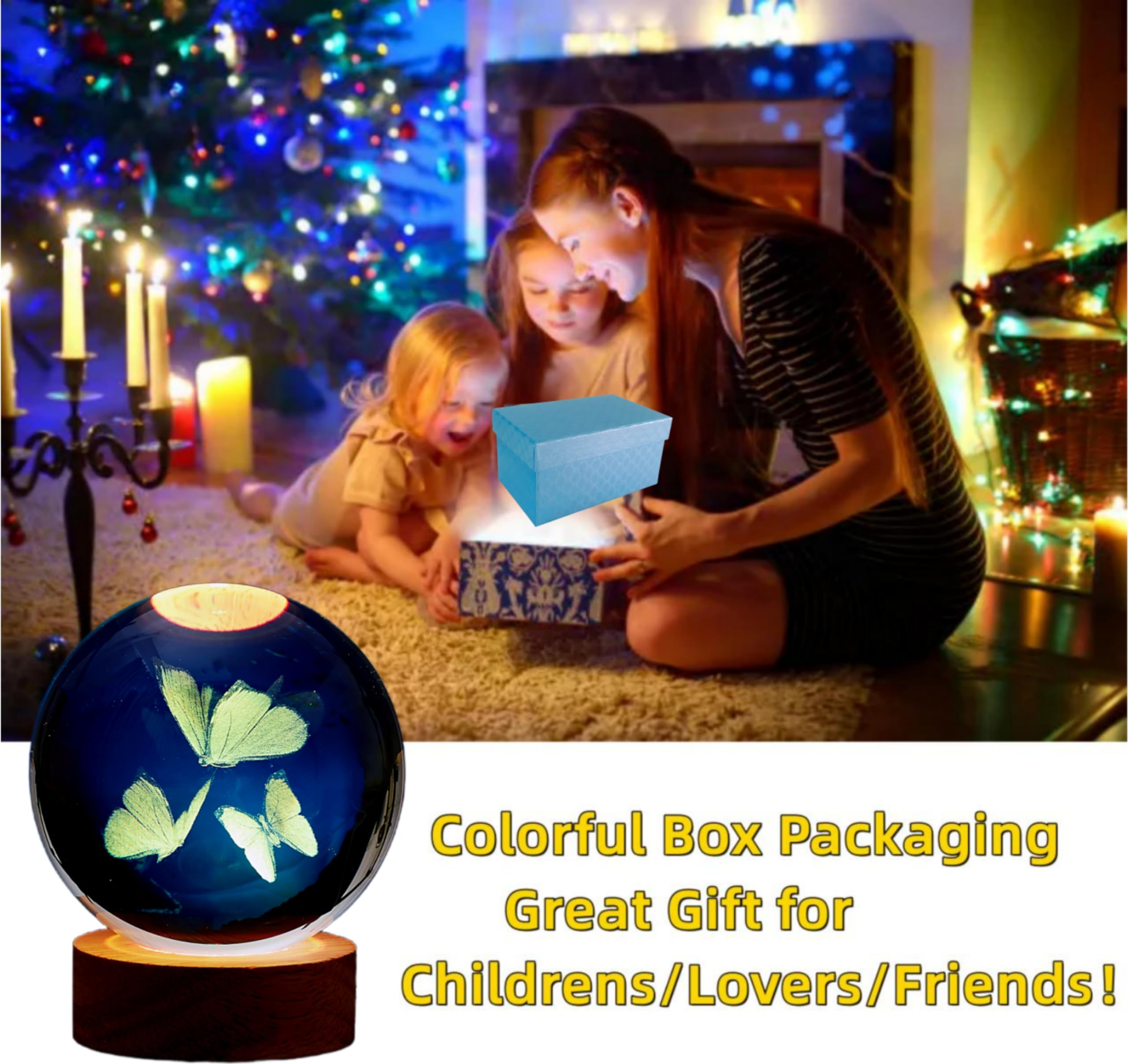 3D Butterfly Crystal Ball Lamp,Lifelike Three Butterflies Night Light,16 Colors Changing Light,Dimmable Remote Control,Butterfly Gift Lamp (Butterfly)