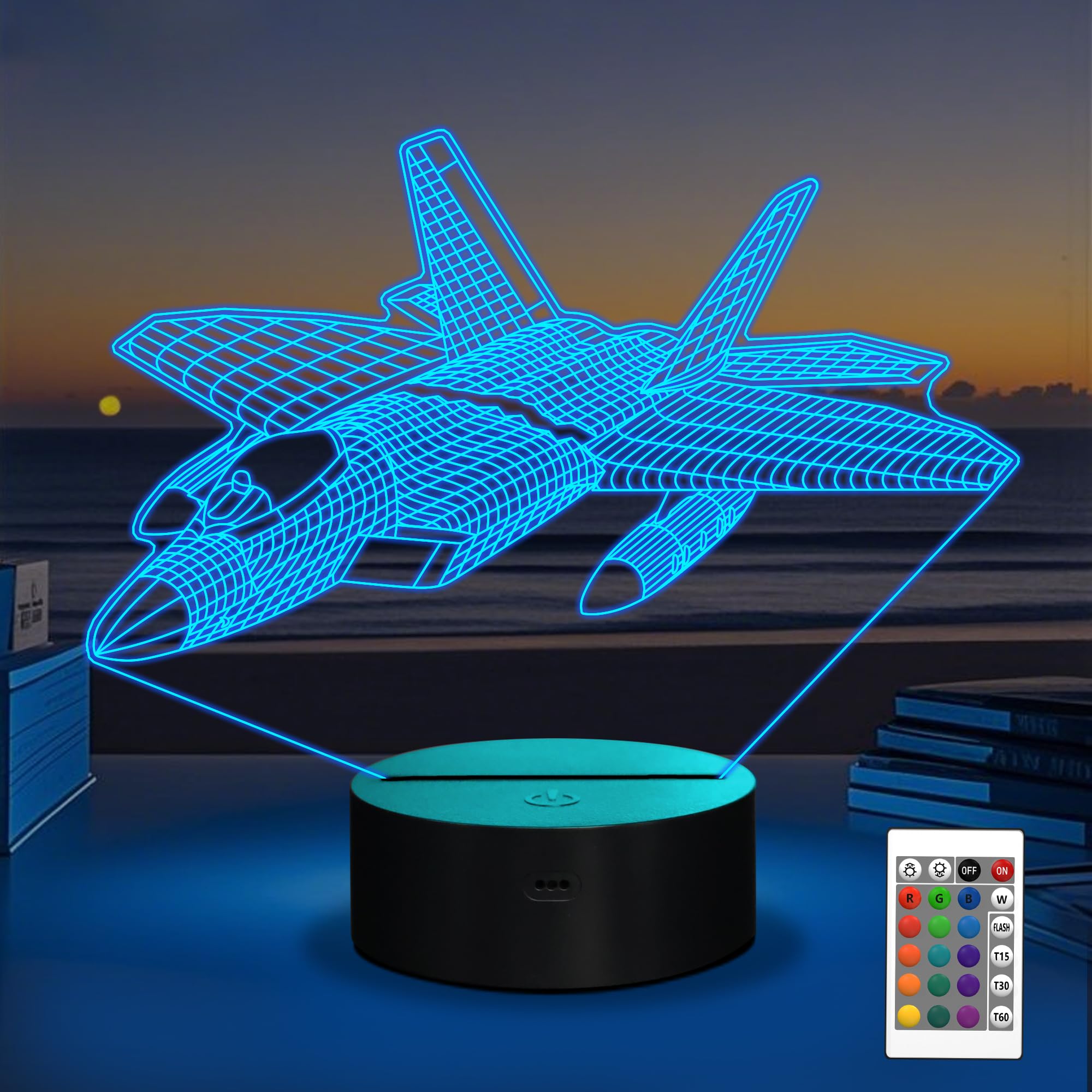 OkiyiD Airplane Model Gifts for Boys Men Pilot,16 Colors 3D Airplane Night Light for Aviation Lovers Room Decor,F-22 Raptor Vehi
