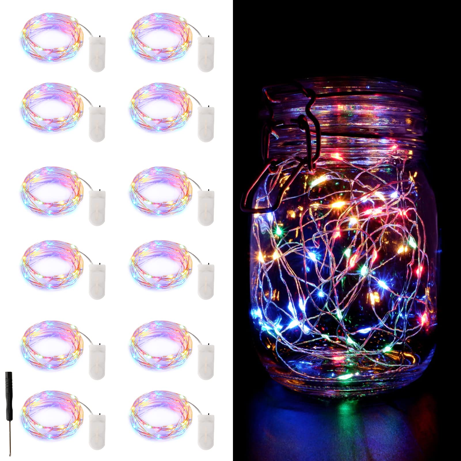 12 Pack Fairy Lights Battery Operated, 7Ft 20Led Multicolor Valentines Day Lights Battery Operated Waterproof Silver Wire For Diy Mason Jar Bedroom Party Birthday Wedding Christmas Decorations
