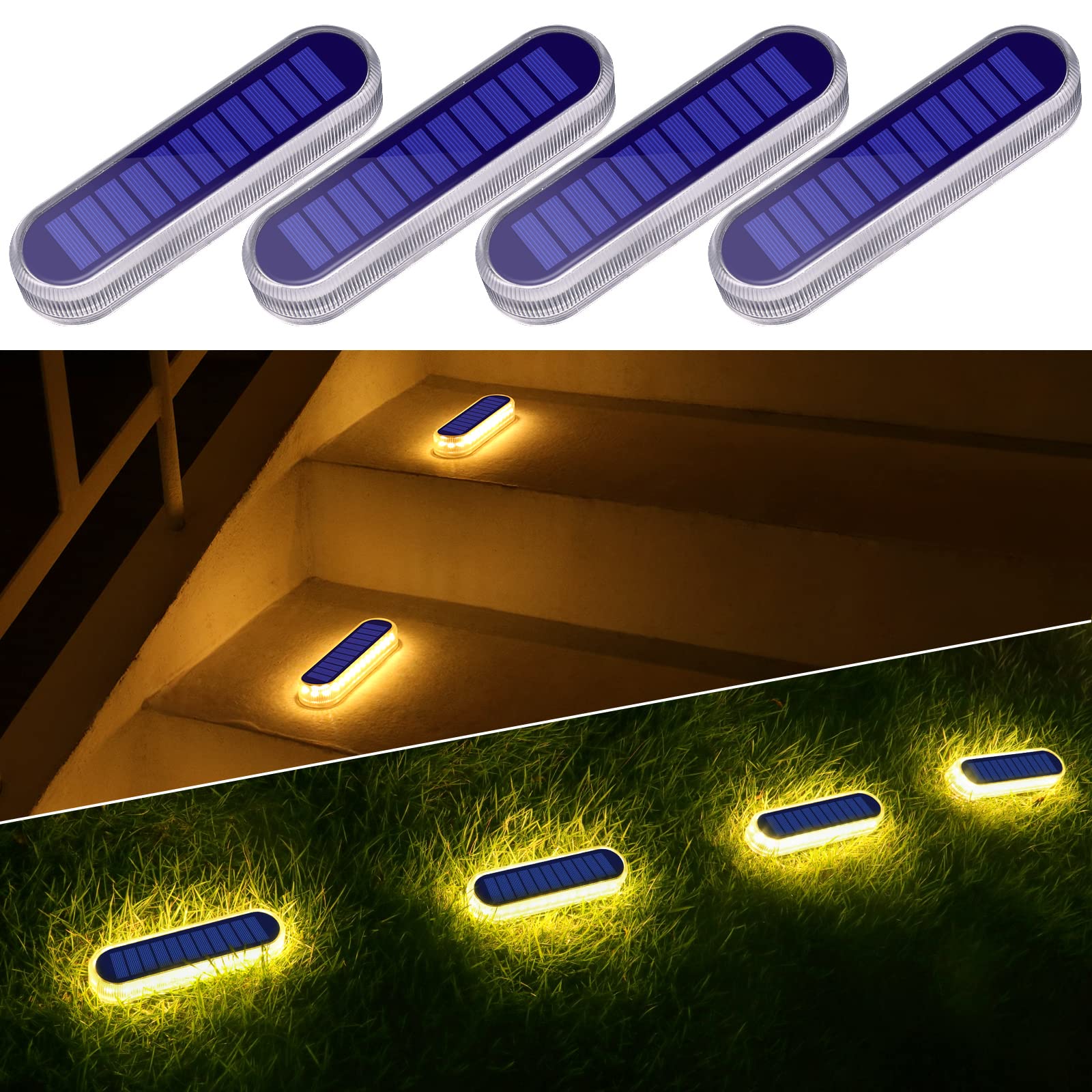 YiLaie Solar Step Lights Outdoor Waterproof LED, Warm White, 4 Pack, Polycarbonate, Model HO-SQDL-4