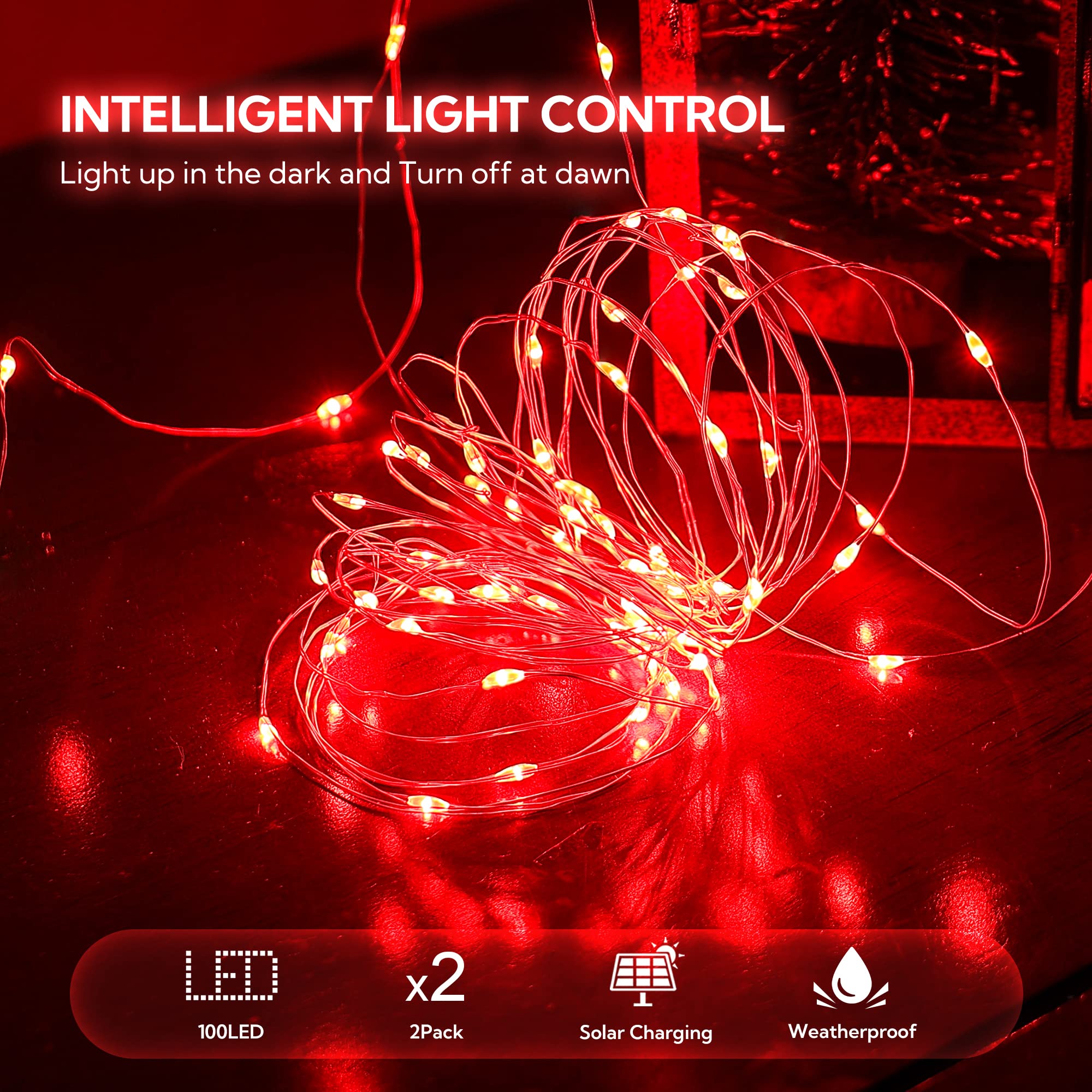 woohaha 100 LED Solar Red String Lights, 33ft Waterproof Fairy Lights for Halloween, Christmas, Party Decor - 2 Pack