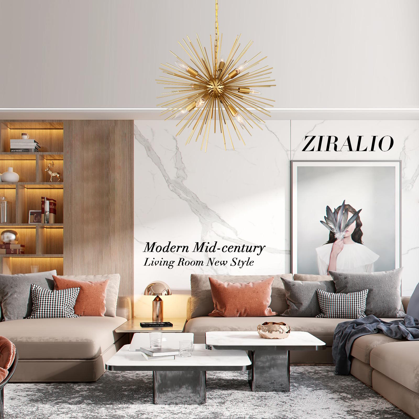 Ziralio Modern Gold Sputnik Chandelier 9-Light Dining Room Chandelier Light Fixture For Living Room, Bedroom, Kitchen, Entryway, Foyer, 23In 15Lb Solid Metal, Yb233B9G