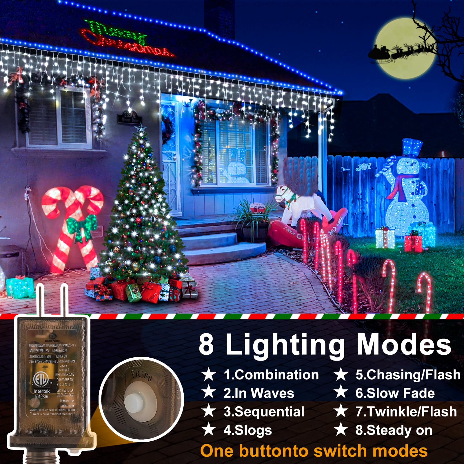 Heceltt Christmas Lights Outdoor 131FT 1280 LED Cool White IP44 Waterproof with 240 Drops, 8 Modes Timer Memory Function