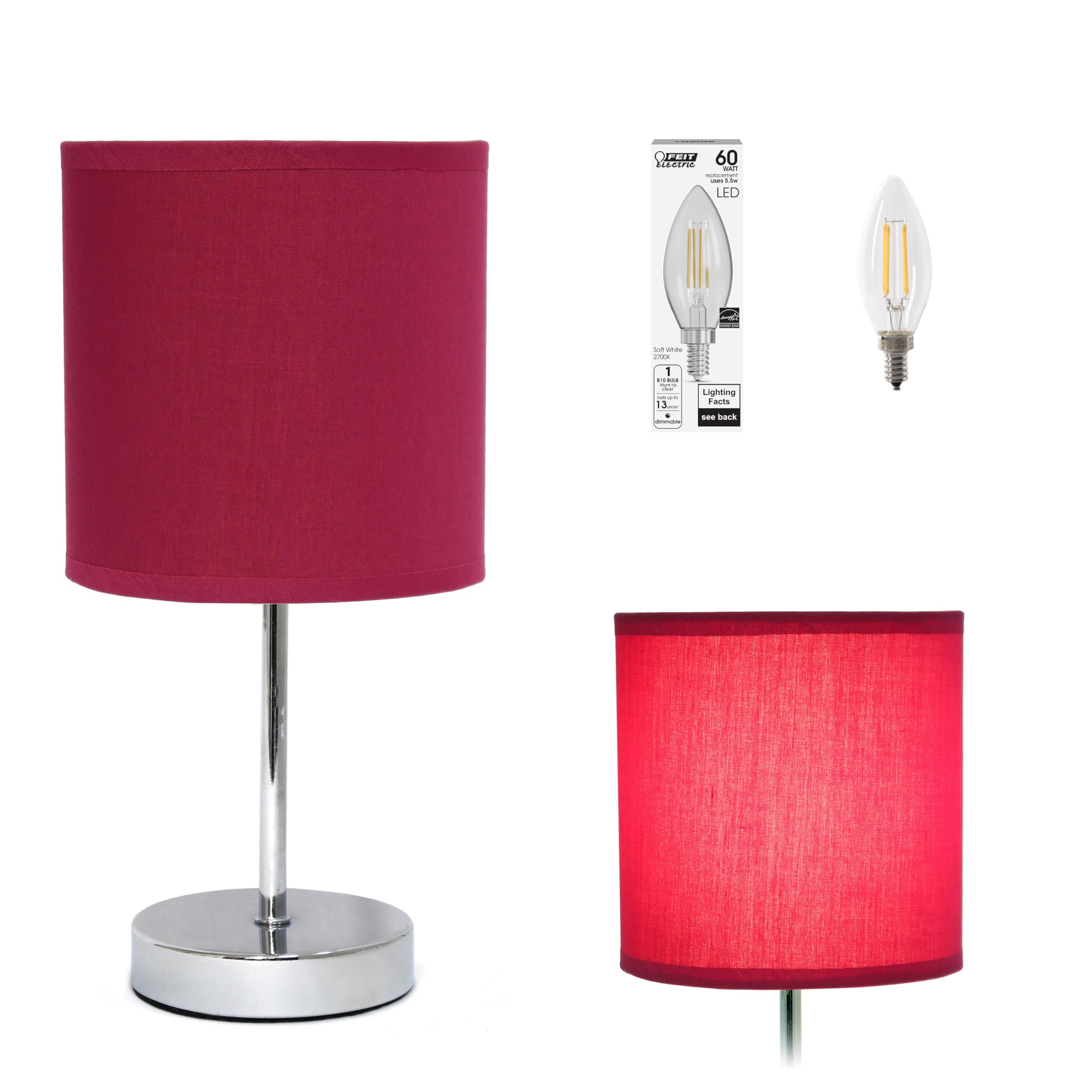 Simple Designs Lt2007-Wne-Lb Basic Chrome Mini Table Lamp For Living Room, Nightstand, Desk, Countertop, Wine Red, With Feit Led