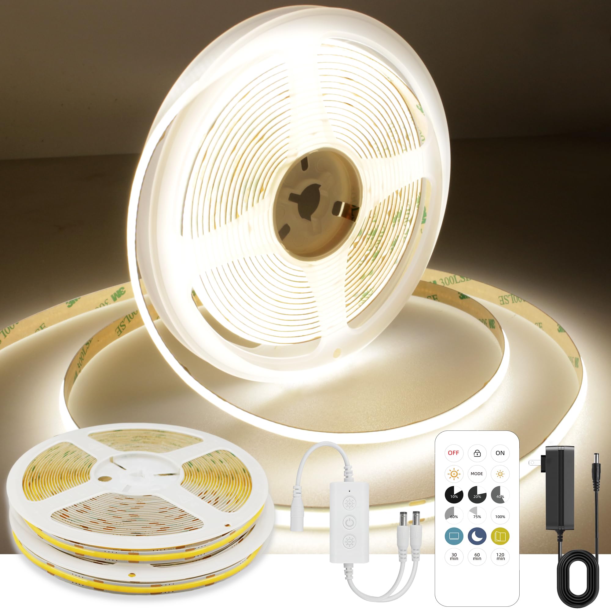 AXMOTUT 65.6ft COB LED Band Light Natural White  High Bright LED Bands with 320LEDs RF Remote and UL Power Supply 4000K Dimmable LED Lights for Bedroom Kitchen DIY Home Decoration  2 Rolls of 32.8ft