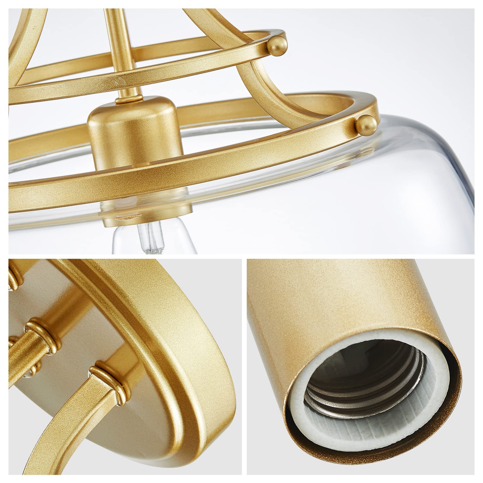 Wuzups Gold Industrial Chandelier Ceiling Light Fixture With Clear Glass Shades, 11.8&quot; H X 13.4&quot; W