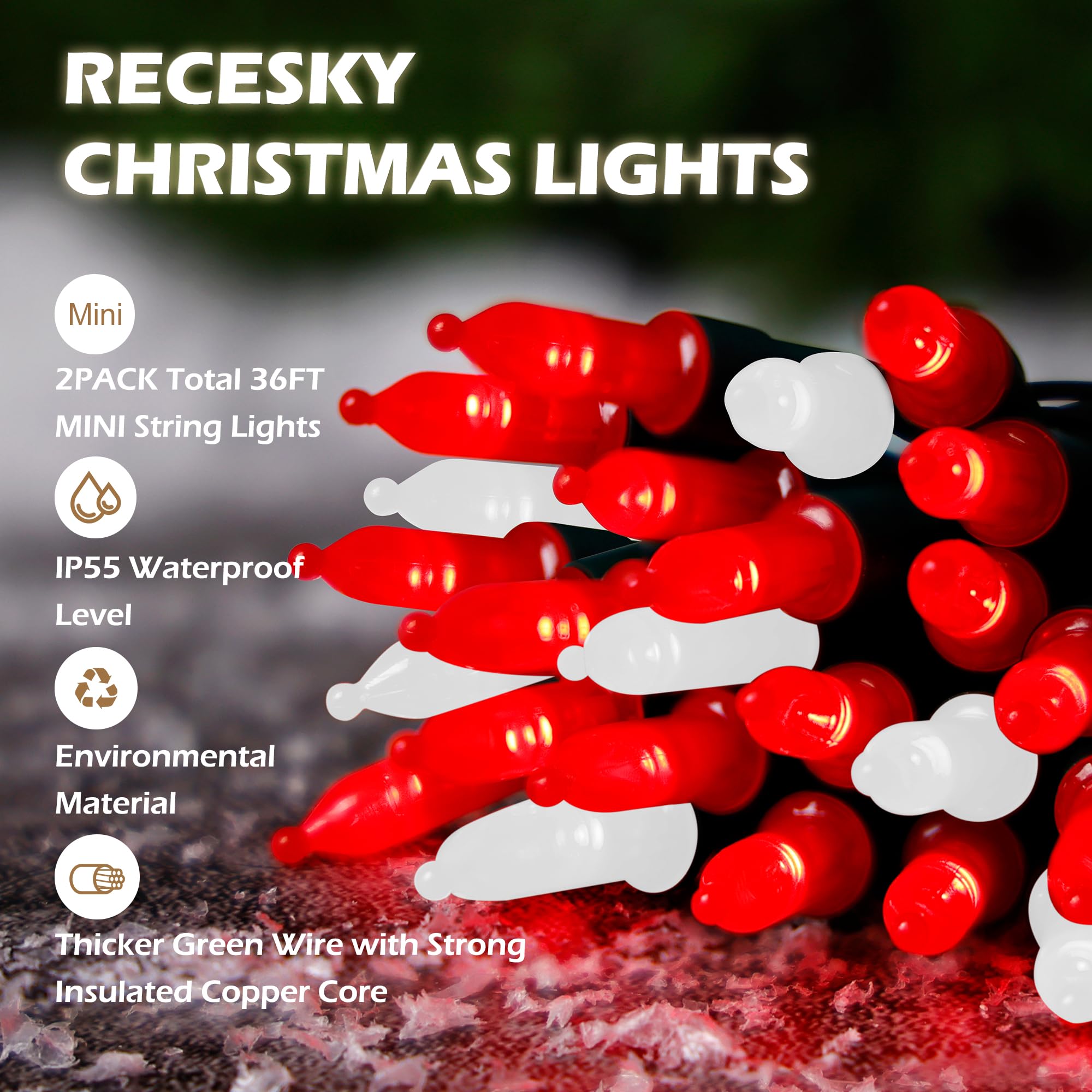 RECESKY Christmas String Lights - 100 LED, 36ft, Battery Operated, Built-in Timer, Red White, Model RCSK-YLDCH-2P50LLPRW