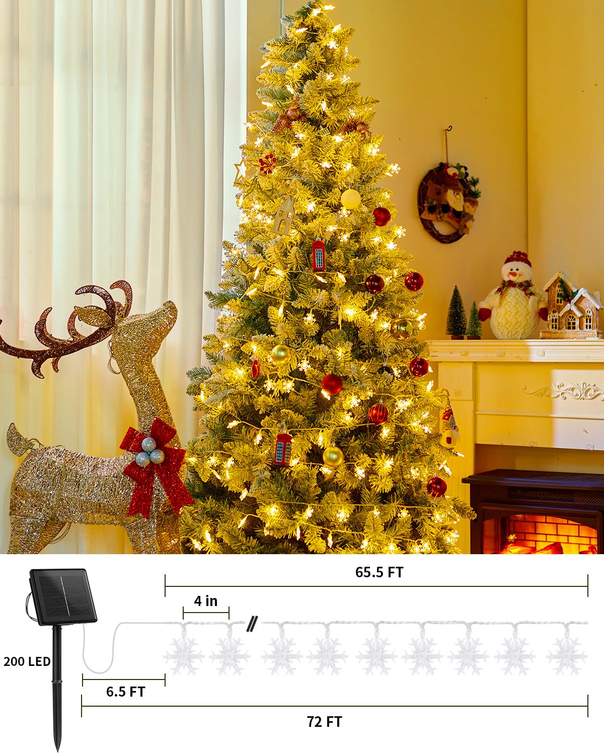 Brightown Solar Christmas Snowflake String Lights, 72Ft 200 Led Outdoor Waterproof Fairy Lights With 8 Lighting Modes For Weddin