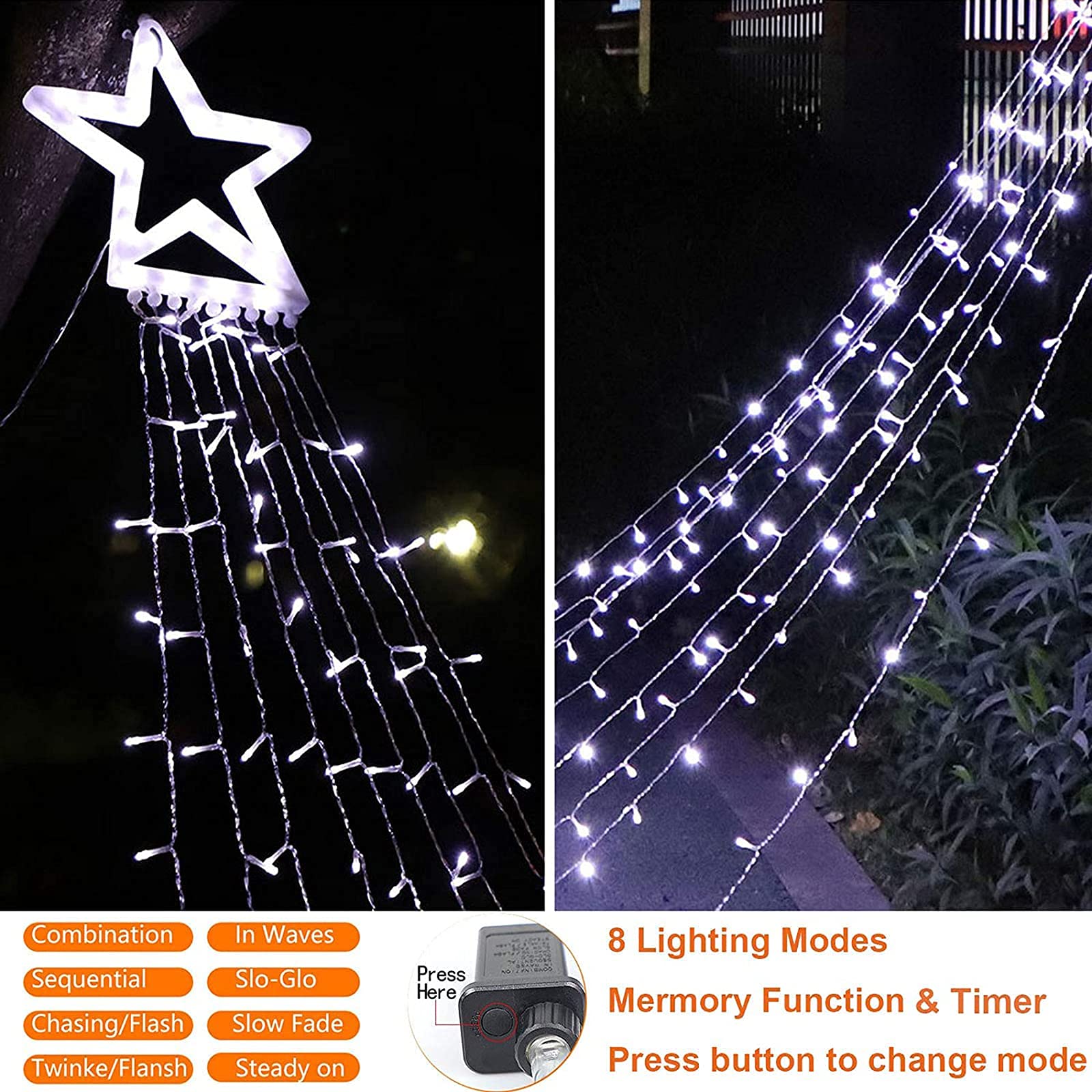 Cerflyer Christmas String Lights, 320 LED Waterfall Tree Lights, 11.5 Ft, Plastic-White, Model YLS1000WD01, 8 Light Modes