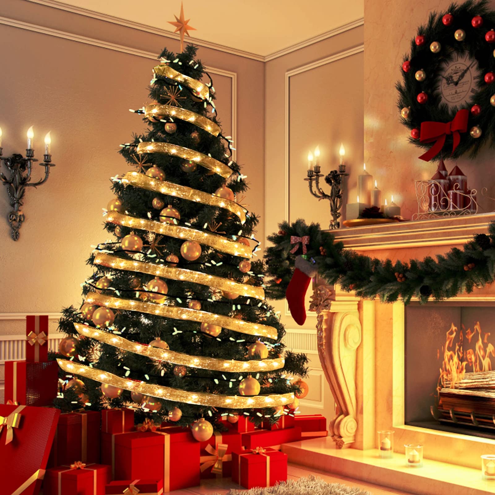 Turnmeon [ Extra Long ] 50 Ft 150 Led Ribbons Christmas Tree Lights Decorations, Adapter Powered Fairy Lights Christmas Tree Decorations Home Indoor New Year