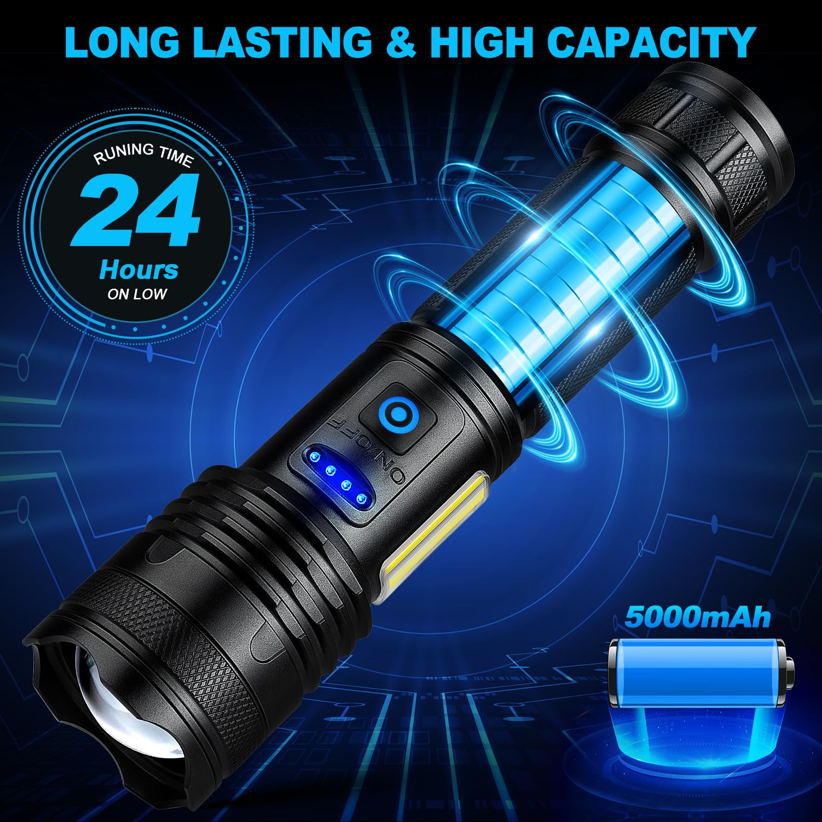 Alicegirl Rechargeable Flashlight 99000LM - Super Bright, Waterproof, Adjustable 8 Modes, Aluminum, Black, Model M111-COB