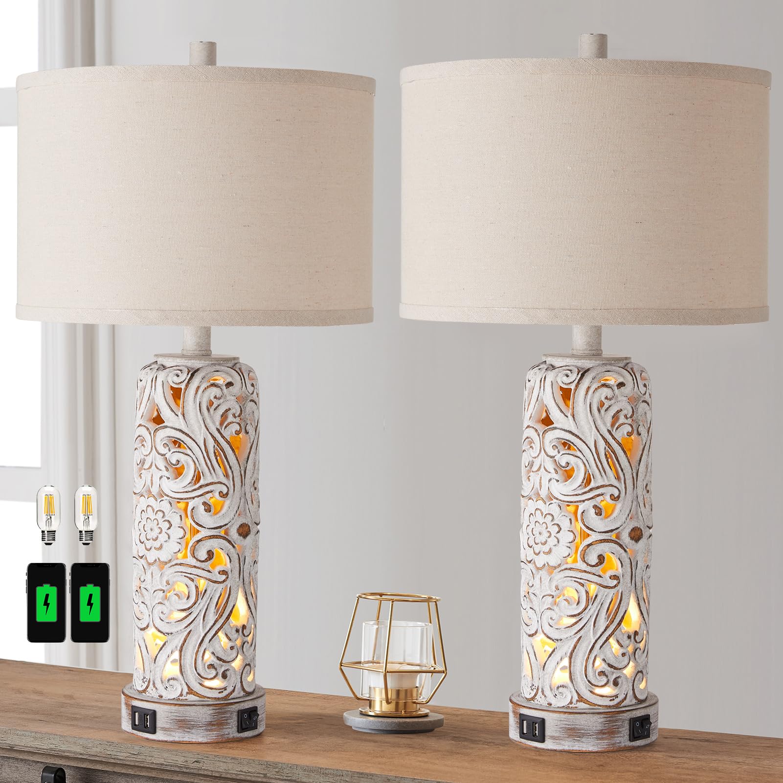 RORIANO Set of 2 Rustic Farmhouse Table Lamps, Vintage Resin Nightstand Lamps with Dual USB Port, Antique White, Model LM-08889