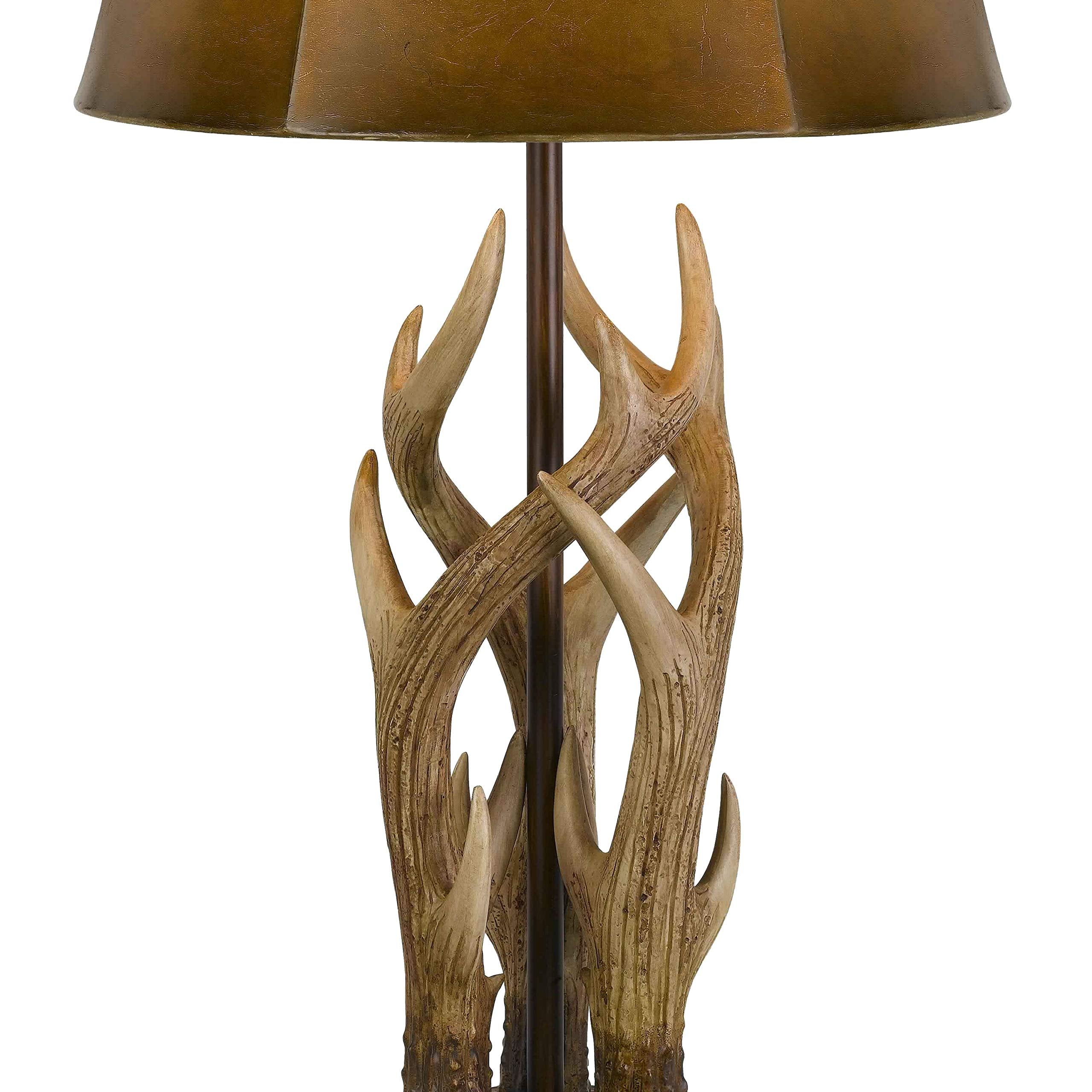 Benjara 150 Watt Leatherette Shade Table Lamp With Antler Polyresin Base, Brown