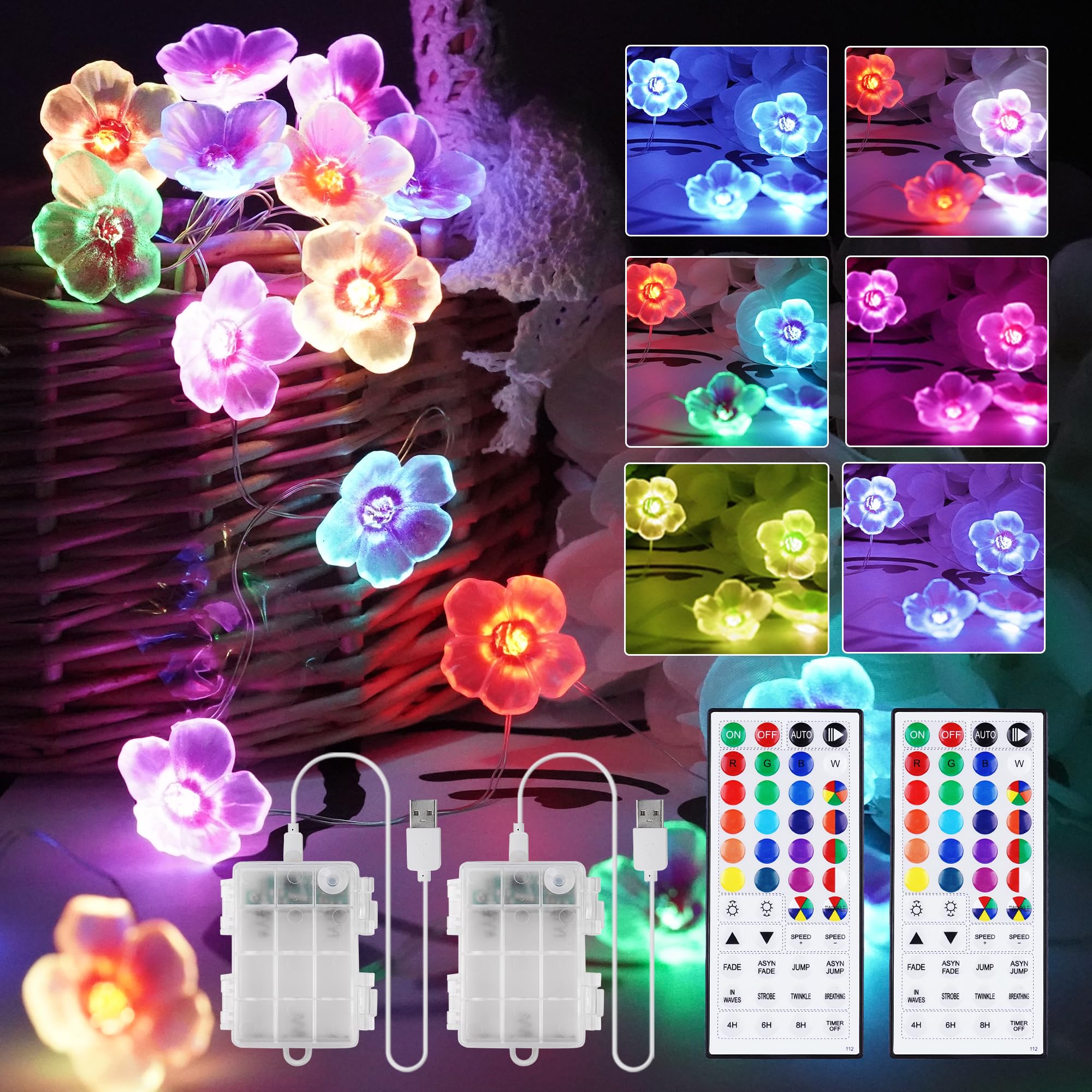 2 Pack Battery Operated String Lights Indoor, 13ft Cherry Blossom Bedroom Lights, Color Changing Flower Lights Decorative for Room Dressing Table Dorm Party Easter Girl Mom Gift Wedding Christmas