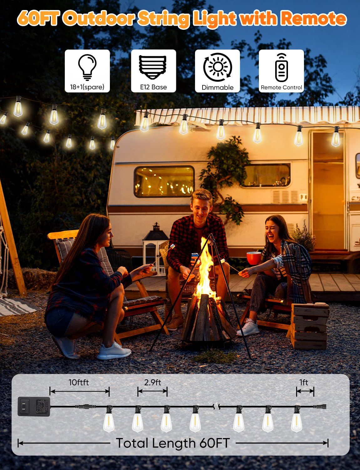 Brightever LED Outdoor String Lights, 60FT Waterproof, 19 Shatterproof ST38 Bulbs, 3 Modes, Dimmable, Black, Model CMPC-O25XA
