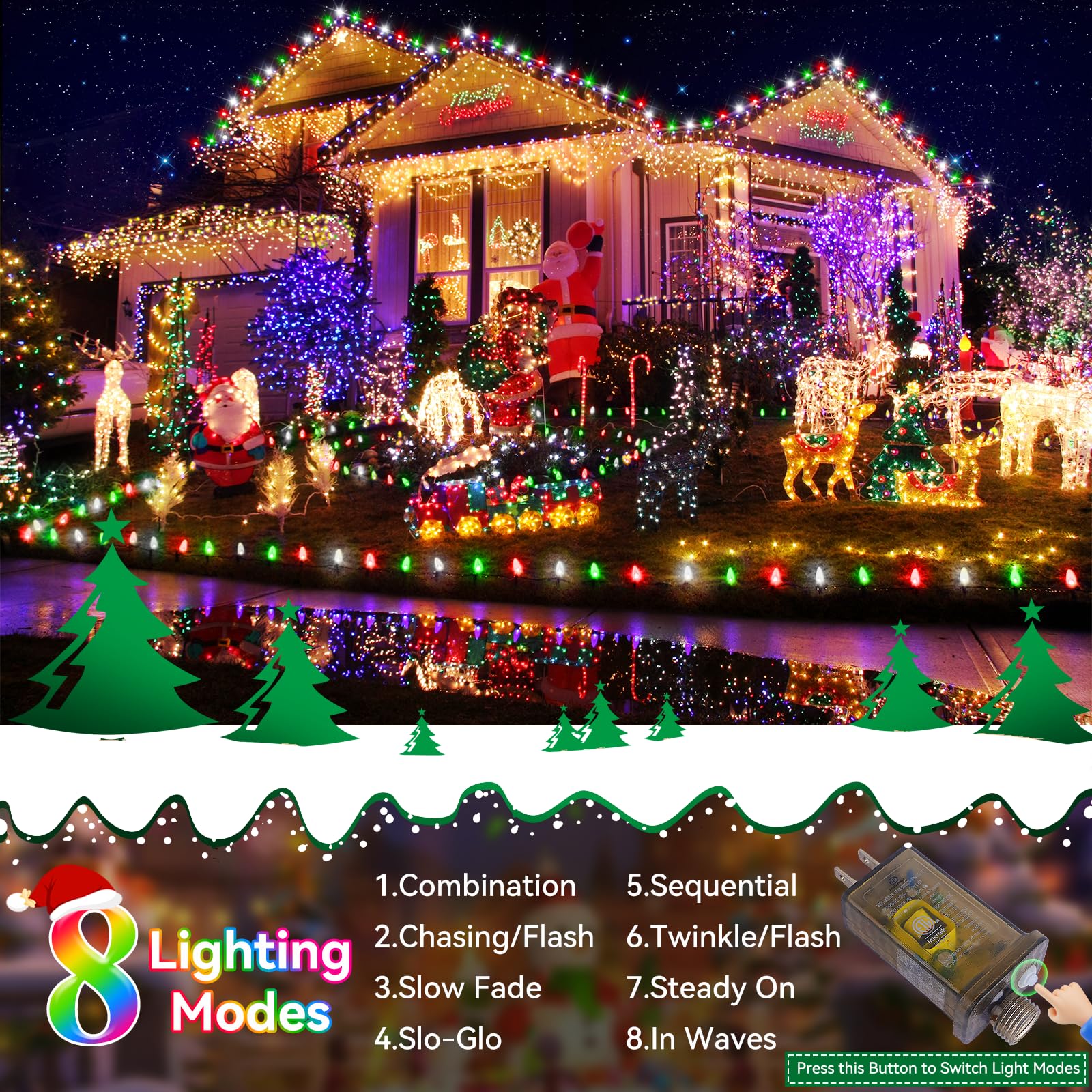 Heceltt Christmas Lights Outdoor, 115Ft 350Led String Light 8 Modes And Timer Memory Function Led Christmas Lights Waterproof Pl