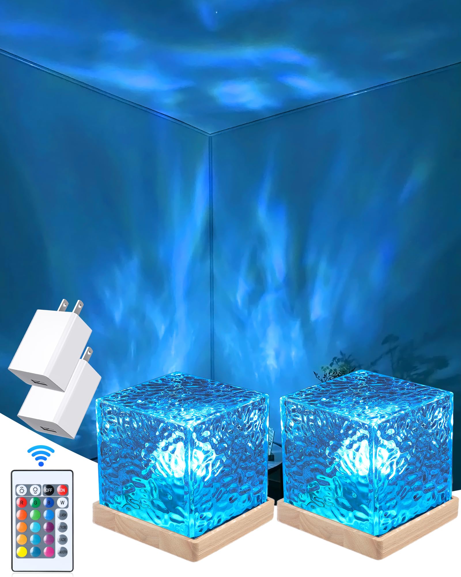 Deogos 2 Packs Corded Luminorthe Cube Lamp with Charger Adapters, Northern Lights Cube Ocean Wave Projector Light,16 Colors Auro