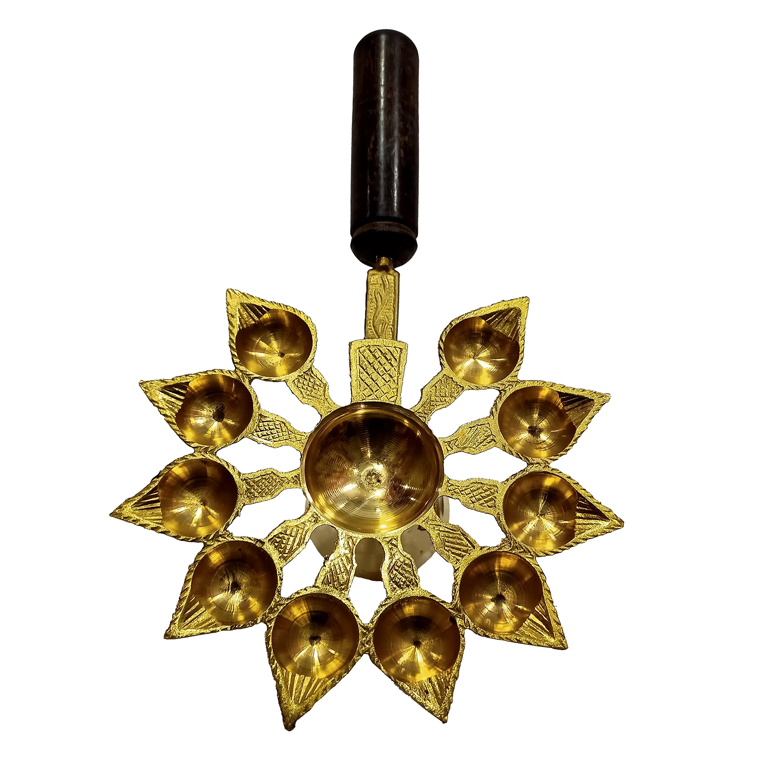 HOKOYA Brass Aarti Diya with Handle Wooden 10 Bati