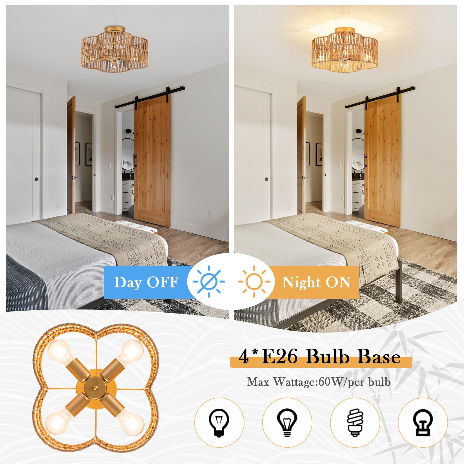 Sytpplan Rattan Light Fixtures Ceiling, 4-Lights Boho Semi Flush Mount Ceiling Light With Hand-Woven Shade, Wicker Light Fixture