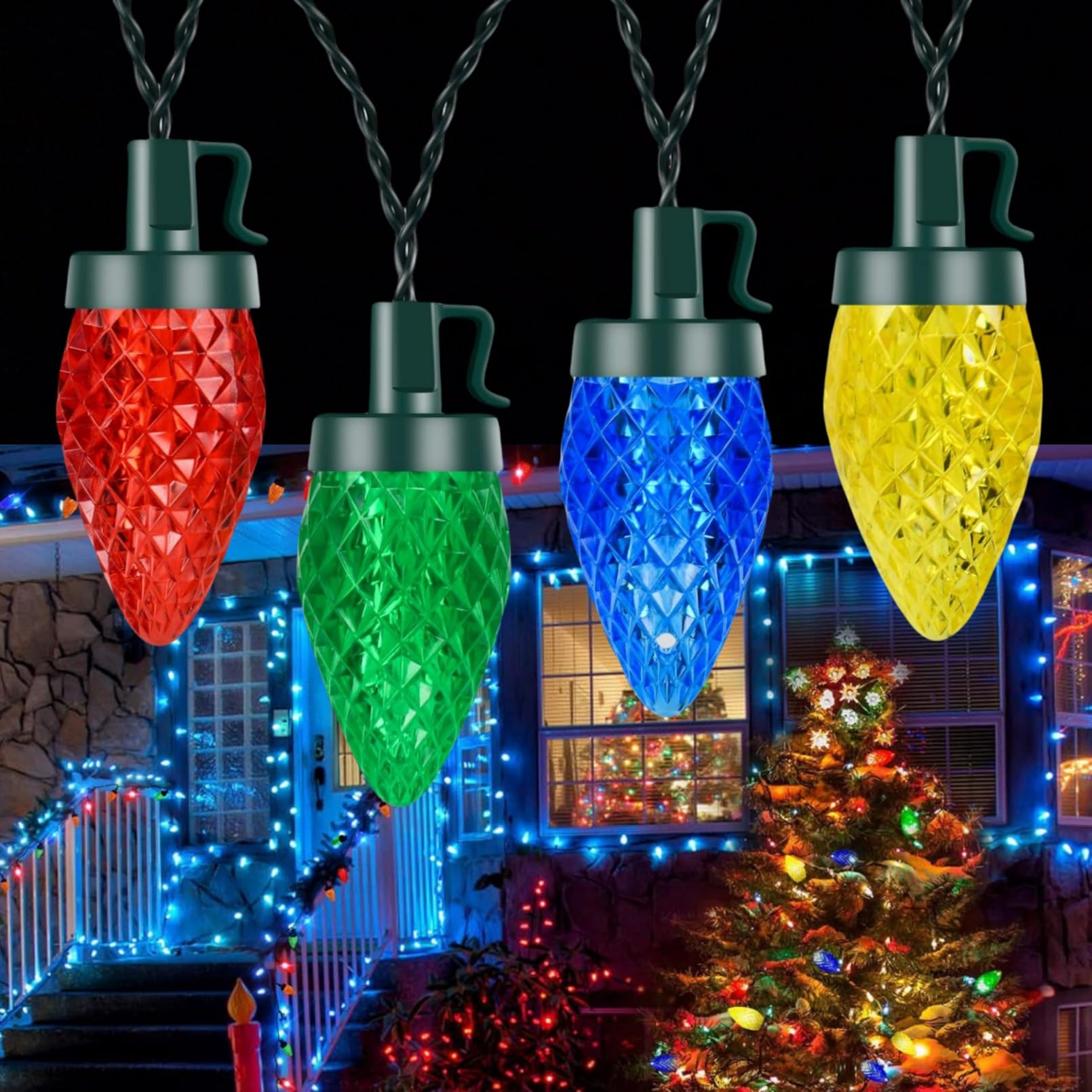 Battery Operated Christmas Lights, 16.5Ft 4 Color 50 Bulbs Led Outdoor String Light, 8 Light Modes Xmas Tree Decor Indoor Lights