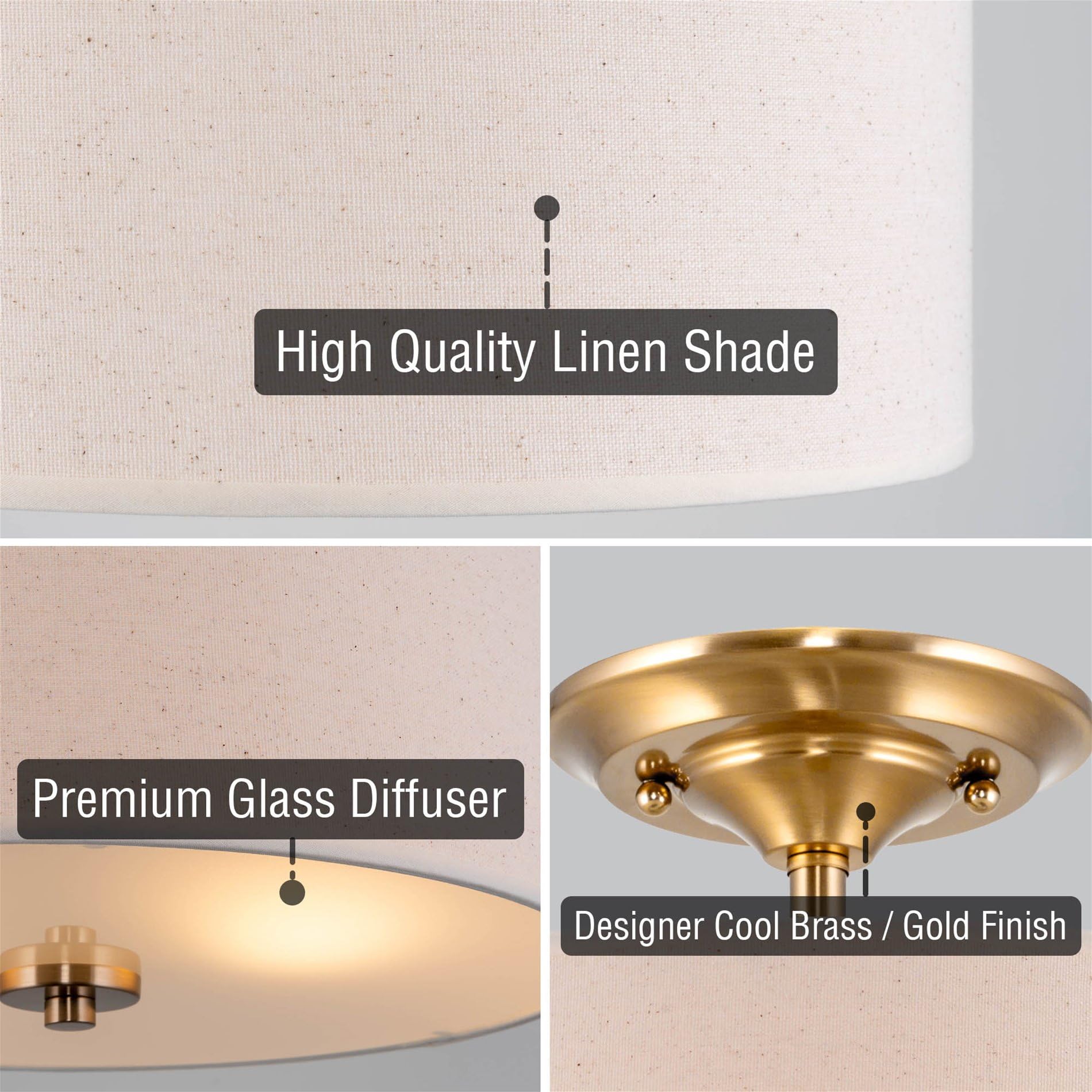 Kira Home 13in 2-Light Semi-Flush Mount Ceiling Light, Off-White Fabric Shade, Cool Brass Finish, Model RV-CSF615-414-CB